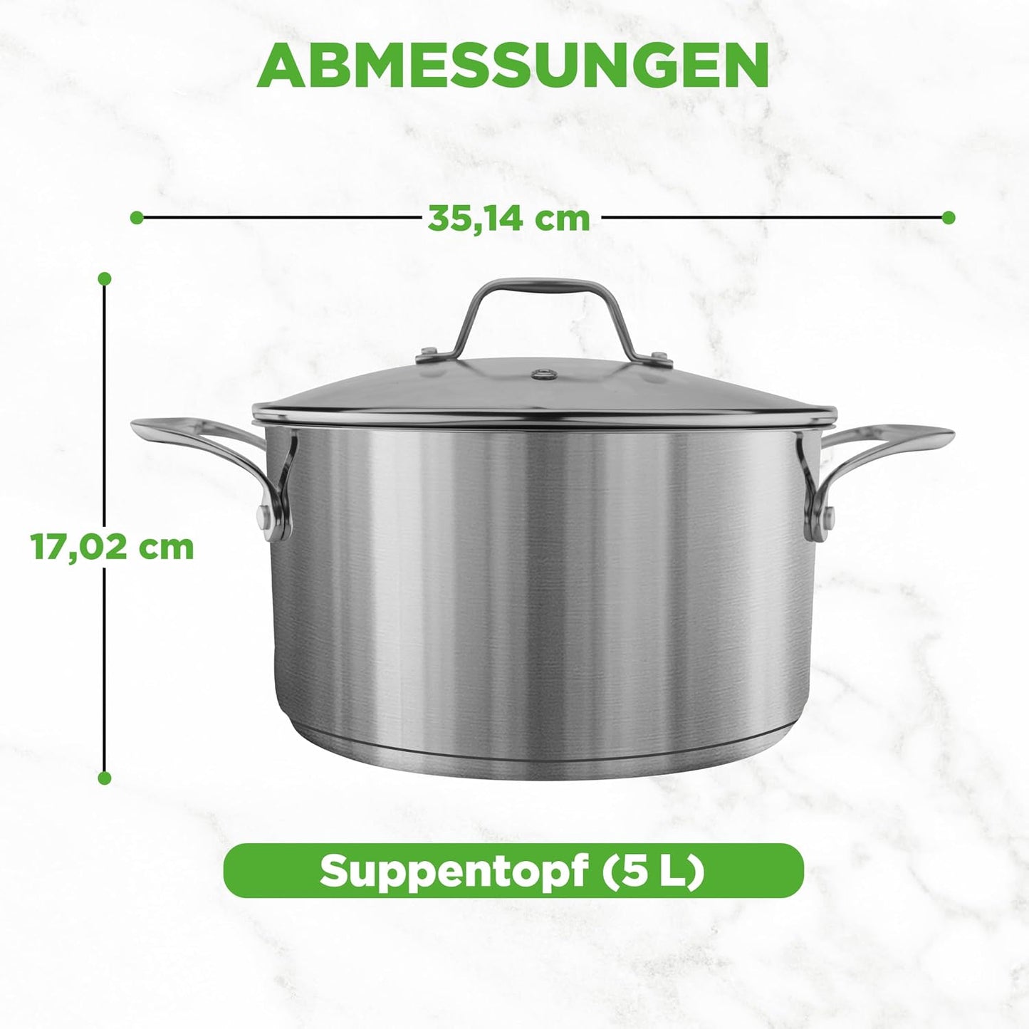 Grosser Edelstahl-Suppentopf (5L, inkl. Glasdeckel), 6 Liter Silber