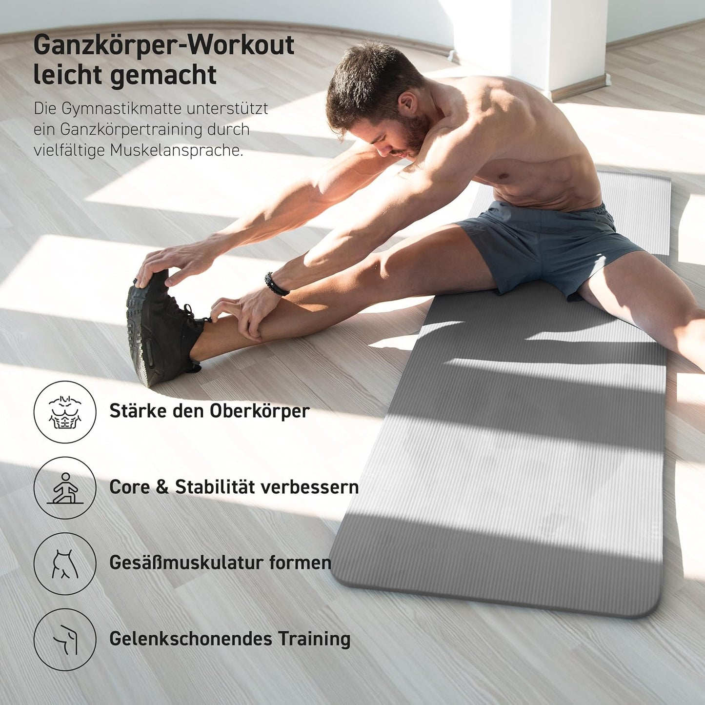 Gymnastik- und Yogamatte mit Tragegurt & App, Grau-Anthrazit ; 190 x 60 x 1,5 cm