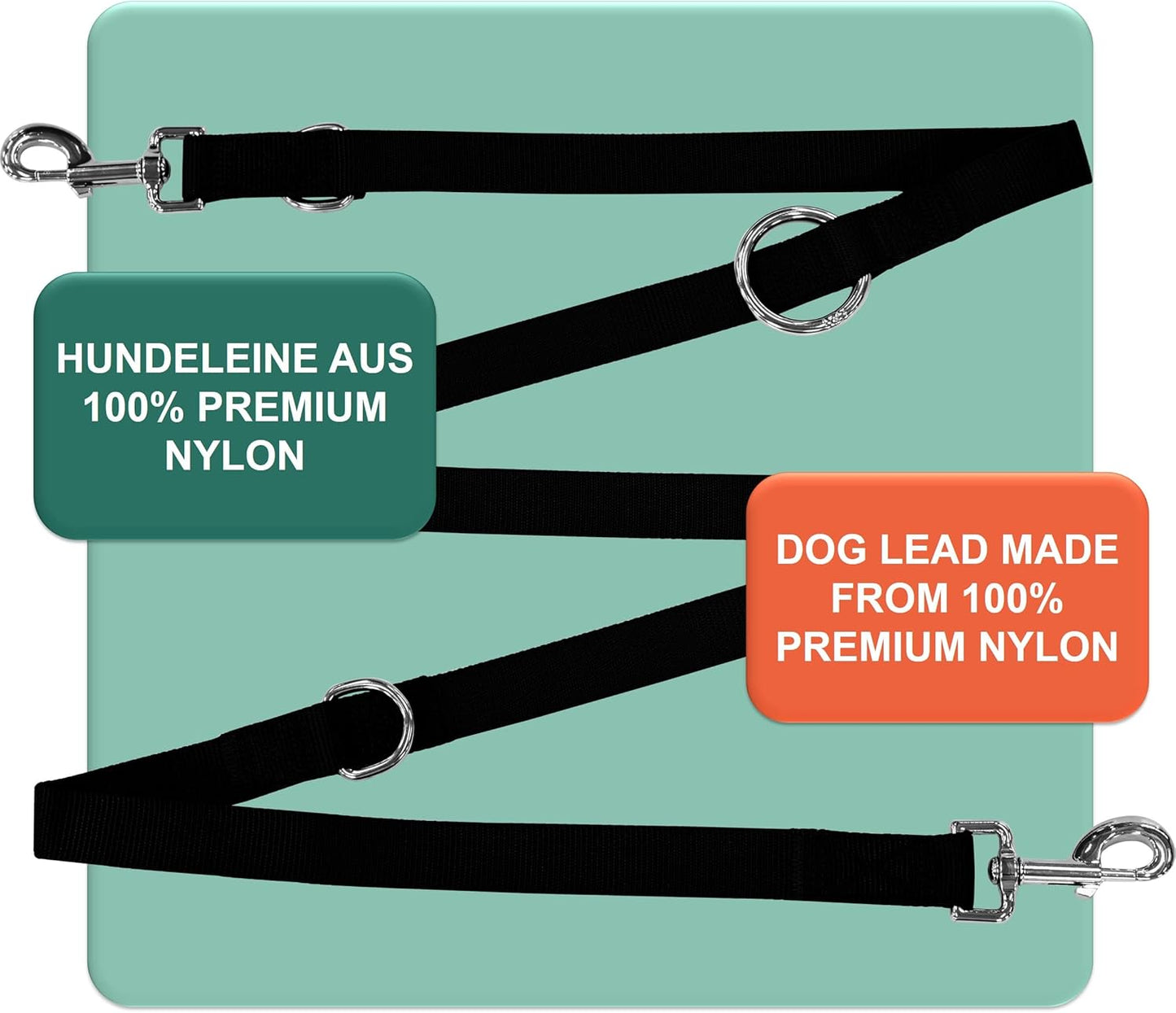 Premium Hundeleine Nylon, 2m, 3fach verstellbar, [S] - 1,5 x 200 cm Schwarz