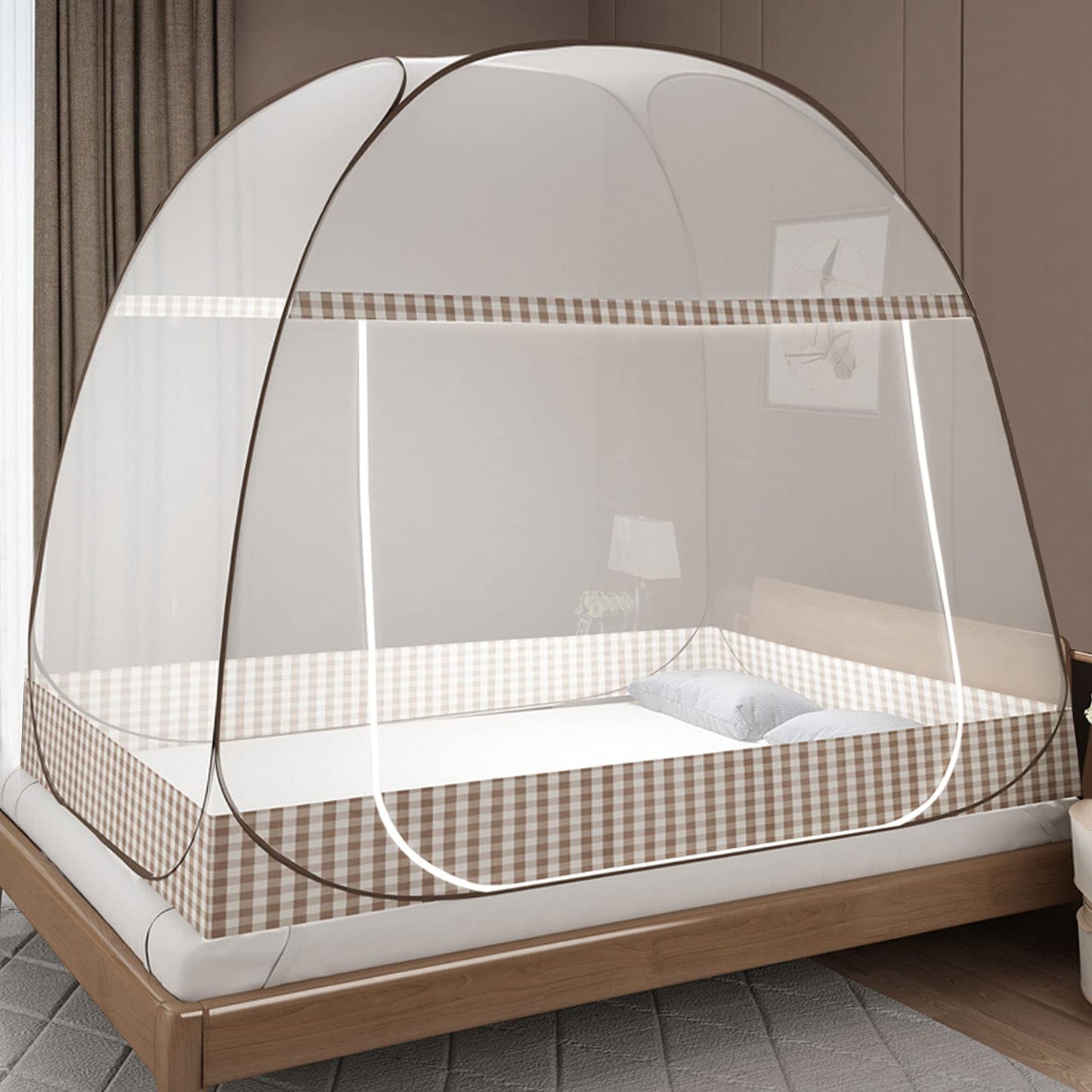 Faltbares Pop-Up Moskitonetz für Bett und Camping, Braun 200x180x150 cm (1er Pack)