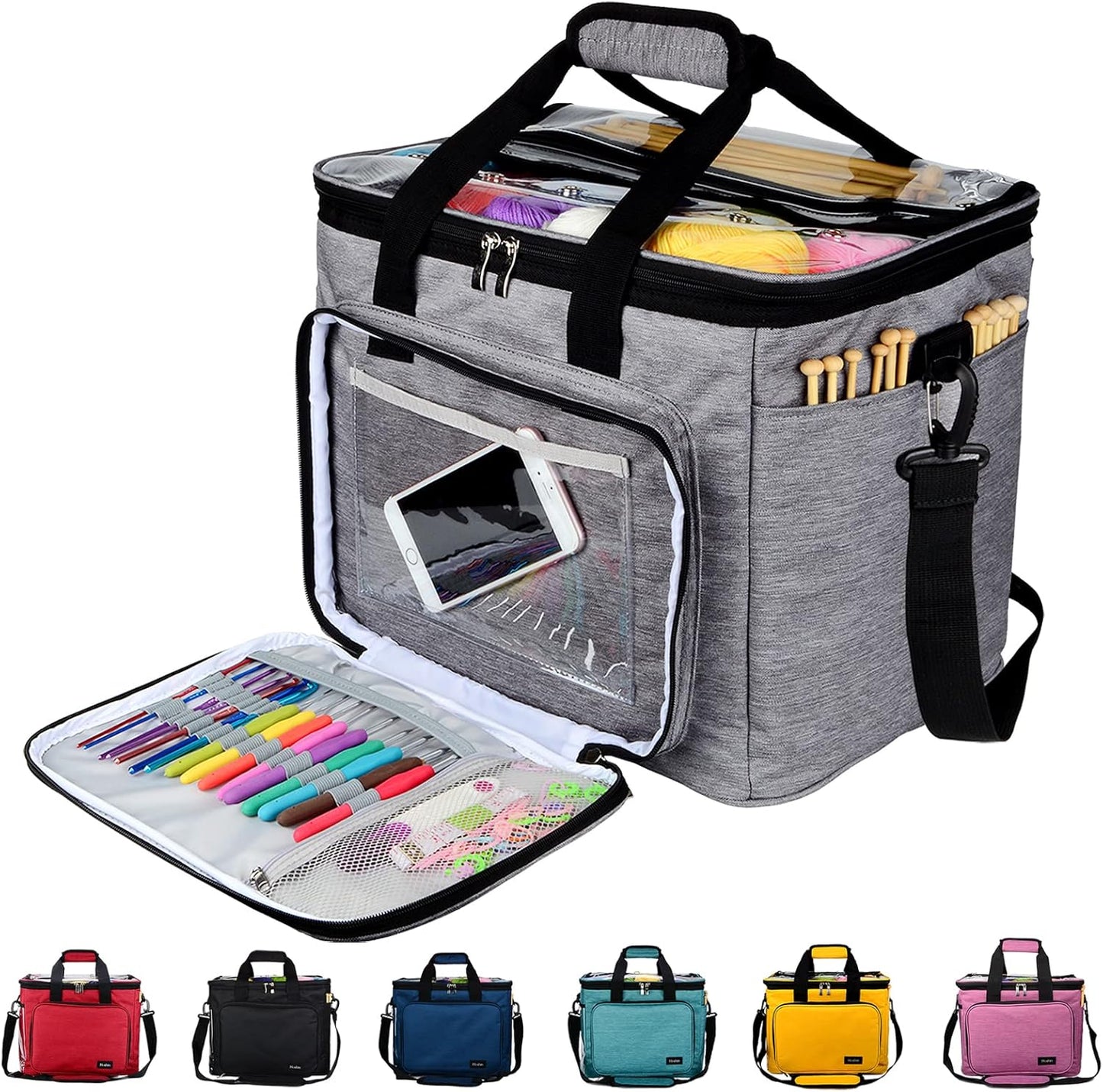 Strick- und Häkel-Aufbewahrungstasche für Garn und Nadeln, Grau