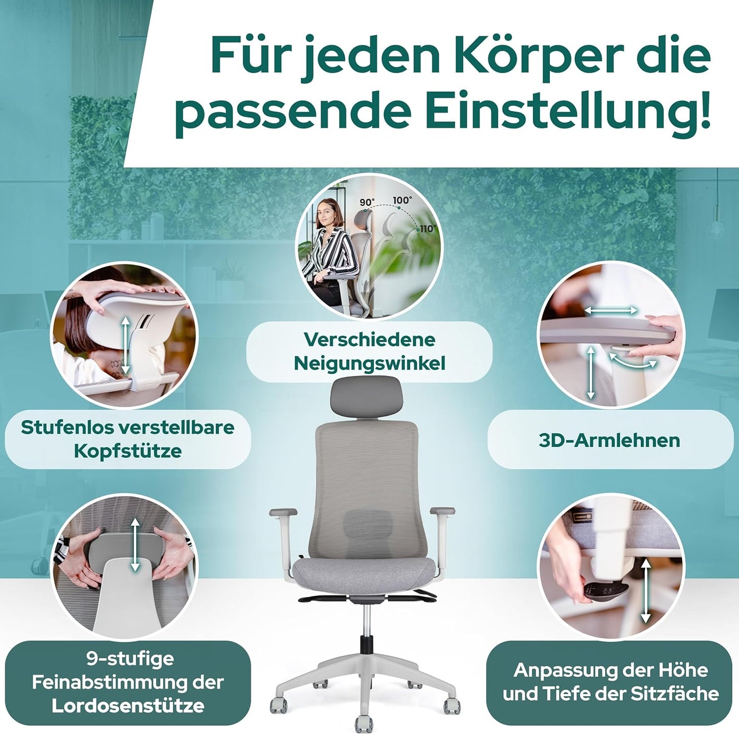 Ergonomischer Bürostuhl mit Armlehnen, Mit Kopfstütze / Hellgrau/ Grau