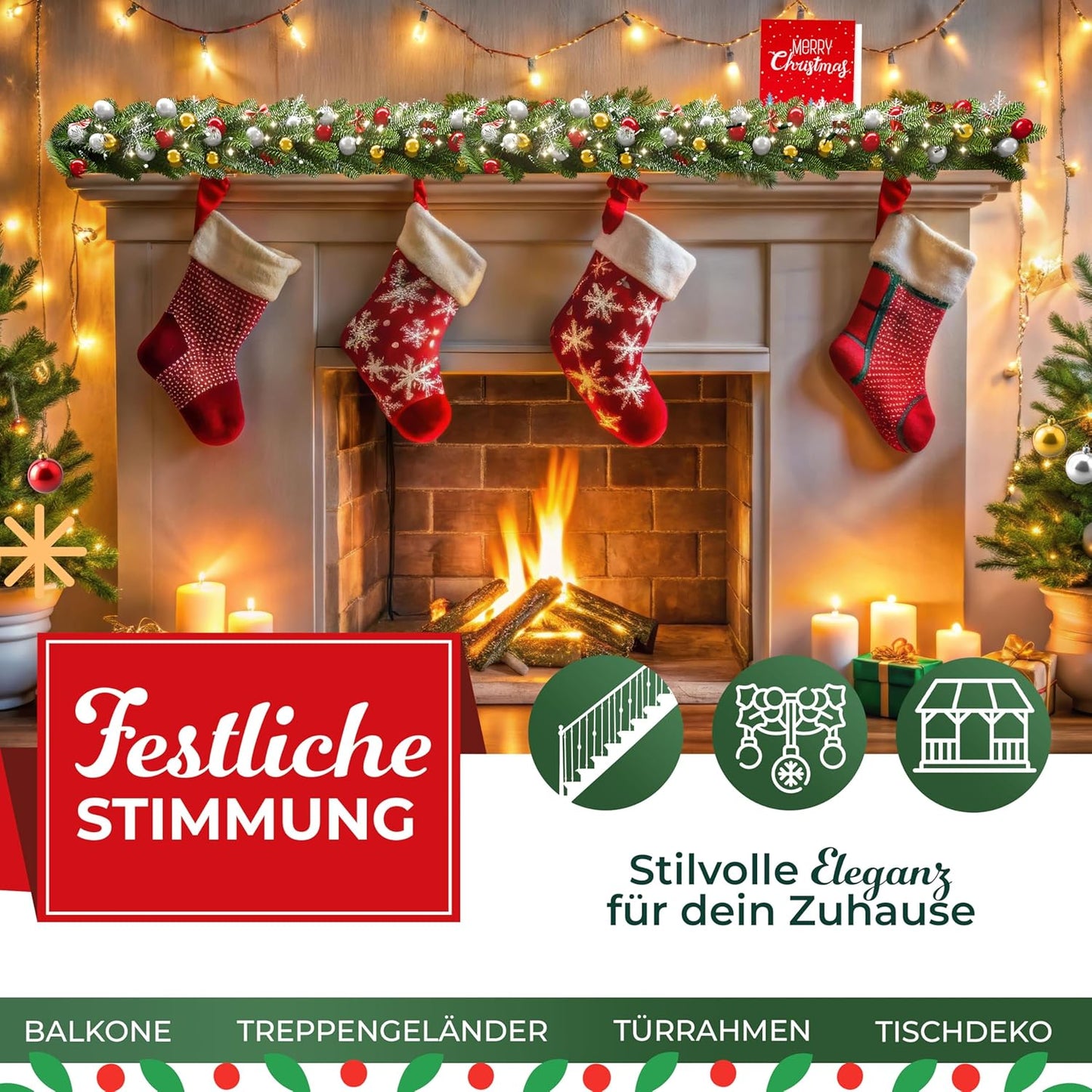 Weihnachtsgirlande mit 100 LED Lichtern & Timer, 5m / 100 LEDs Naturgrün + Deko