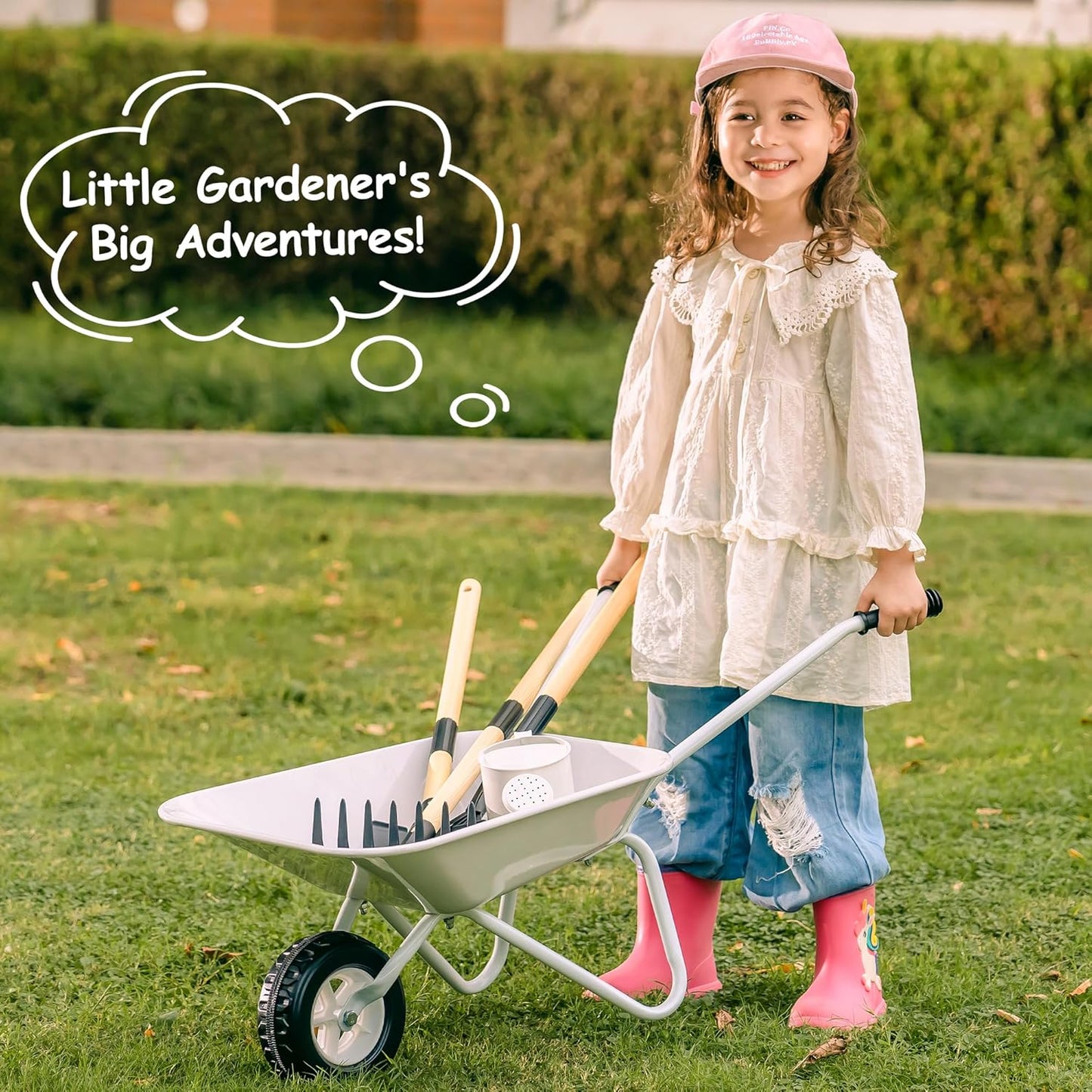 Kinder Schubkarre mit Gartengeräte-Set, Grau