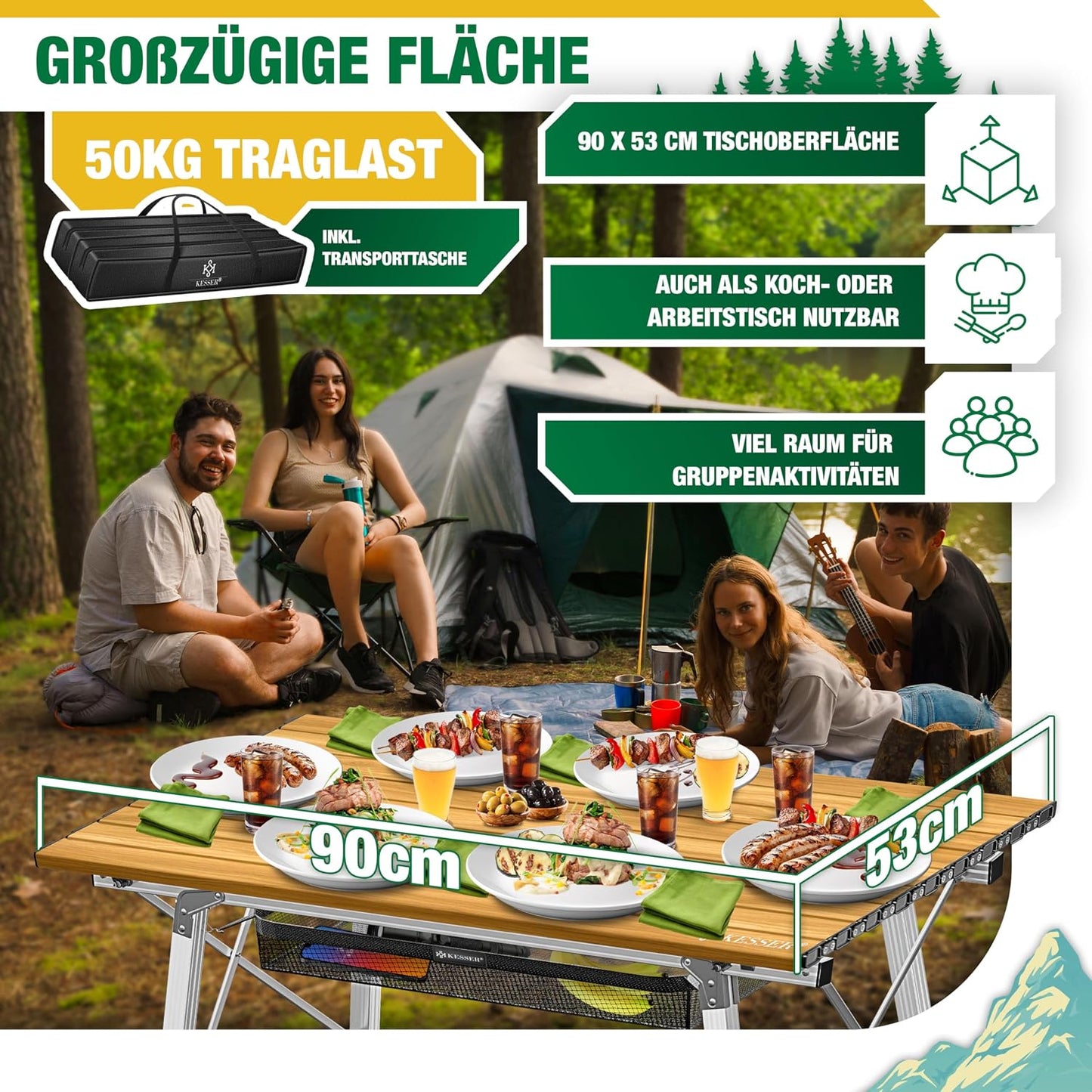 Faltbarer Campingtisch mit Aluminiumrahmen 90x53 cm, 90 cm x 53 cm Holz-optik