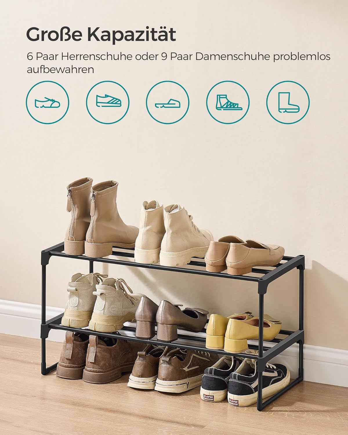 Schuhregal 2 Ebenen stapelbar (6-9 Paar), 2 Ebenen (68B cm) Schwarz