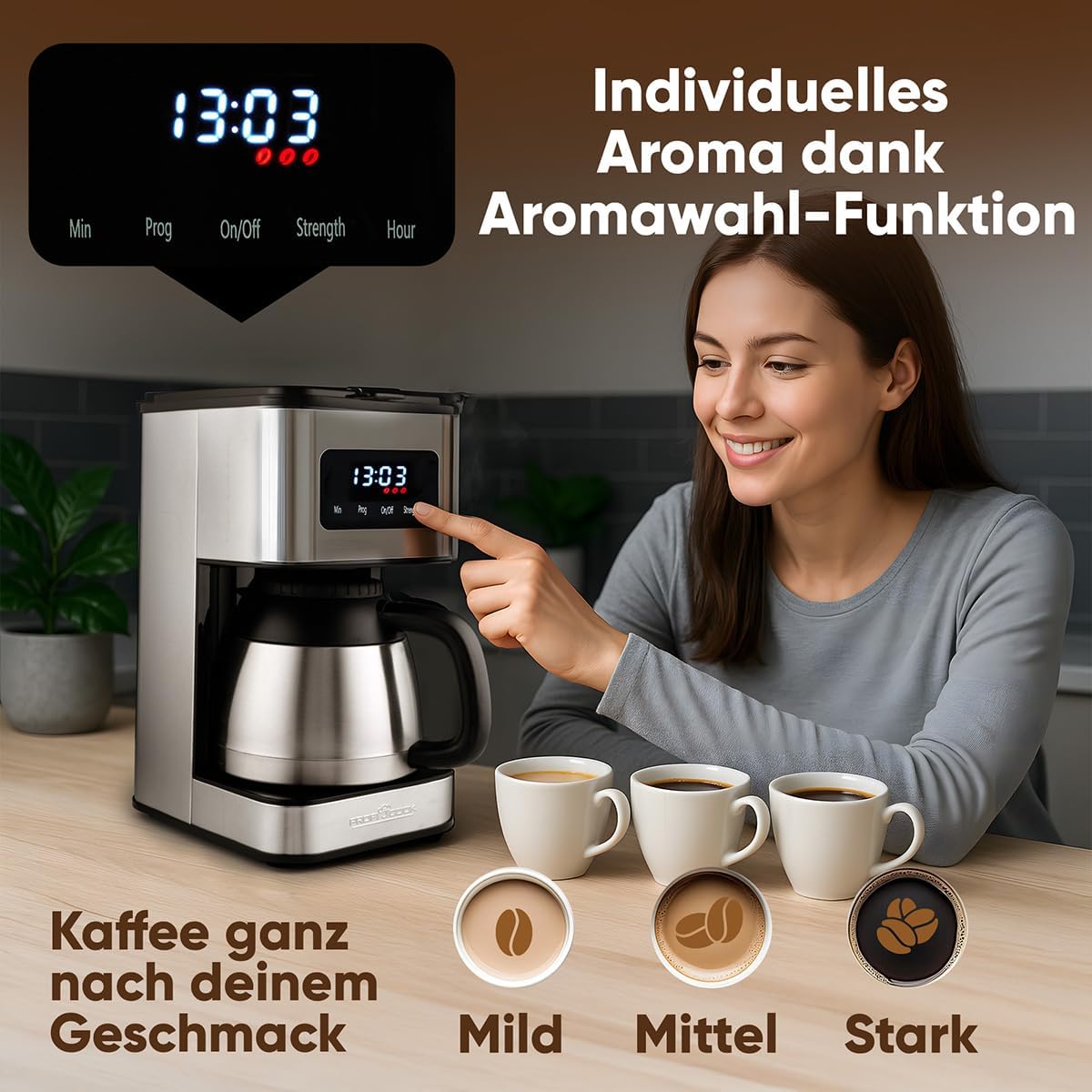 Kaffeemaschine PC KA 1300 mit Thermoskanne und Aromawahl, Edelstahl