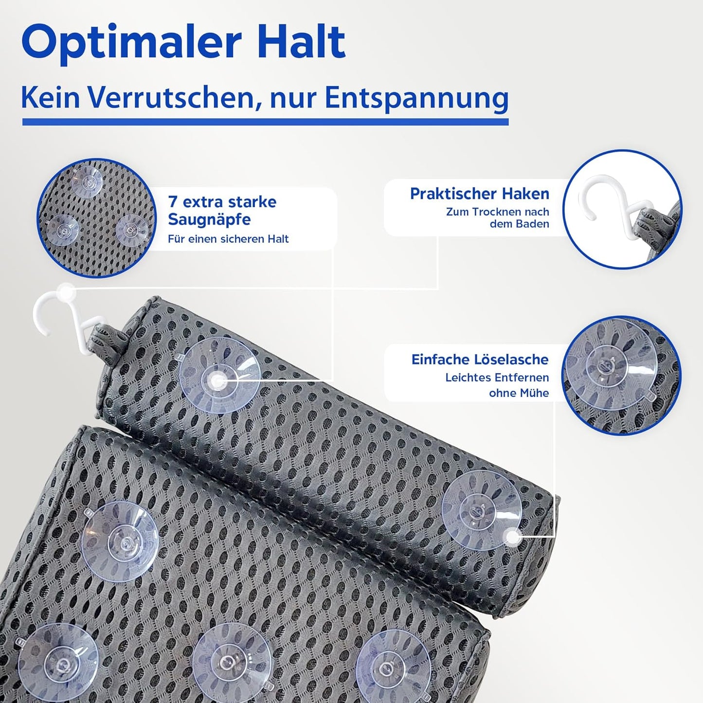 Ergonomisches Badewannenkissen mit 7 Saugnäpfen, Grau extra dick
