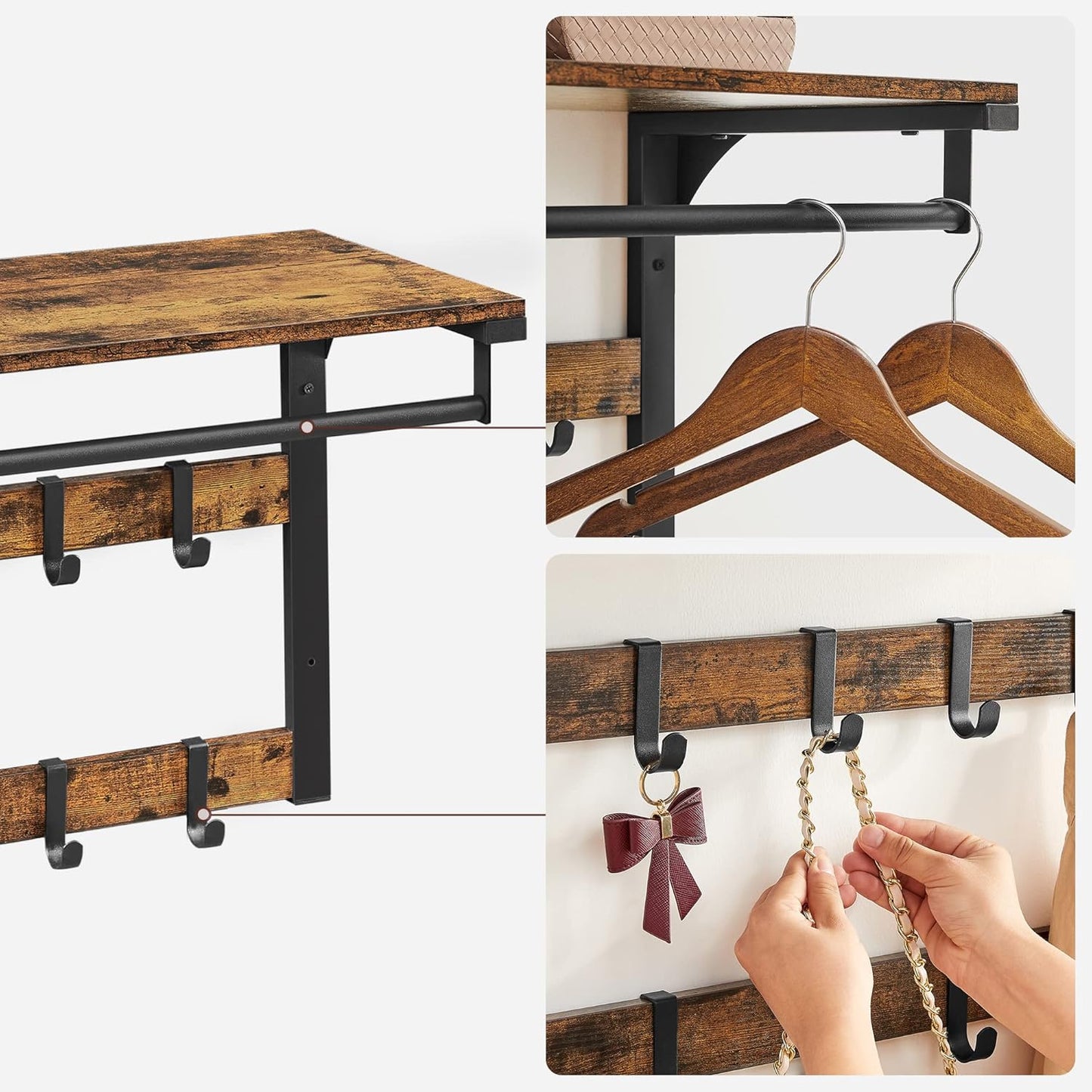 Wandgarderobe mit Schuhbank und Regal im Industrie-Design, 73B cm Vintagebraun + Schwarz