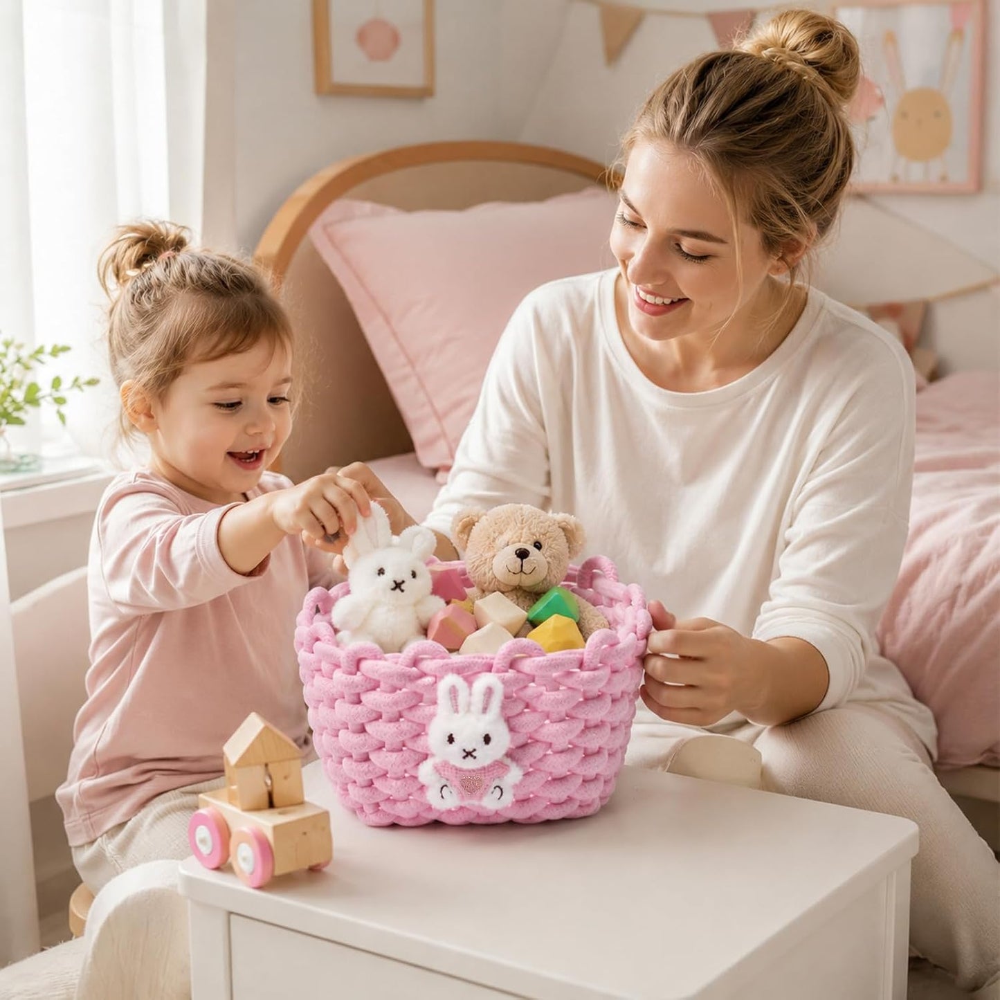 Strick-Aufbewahrungskörbe mit Hasen-Motiv, 2er Set, Weiss Kaninchen