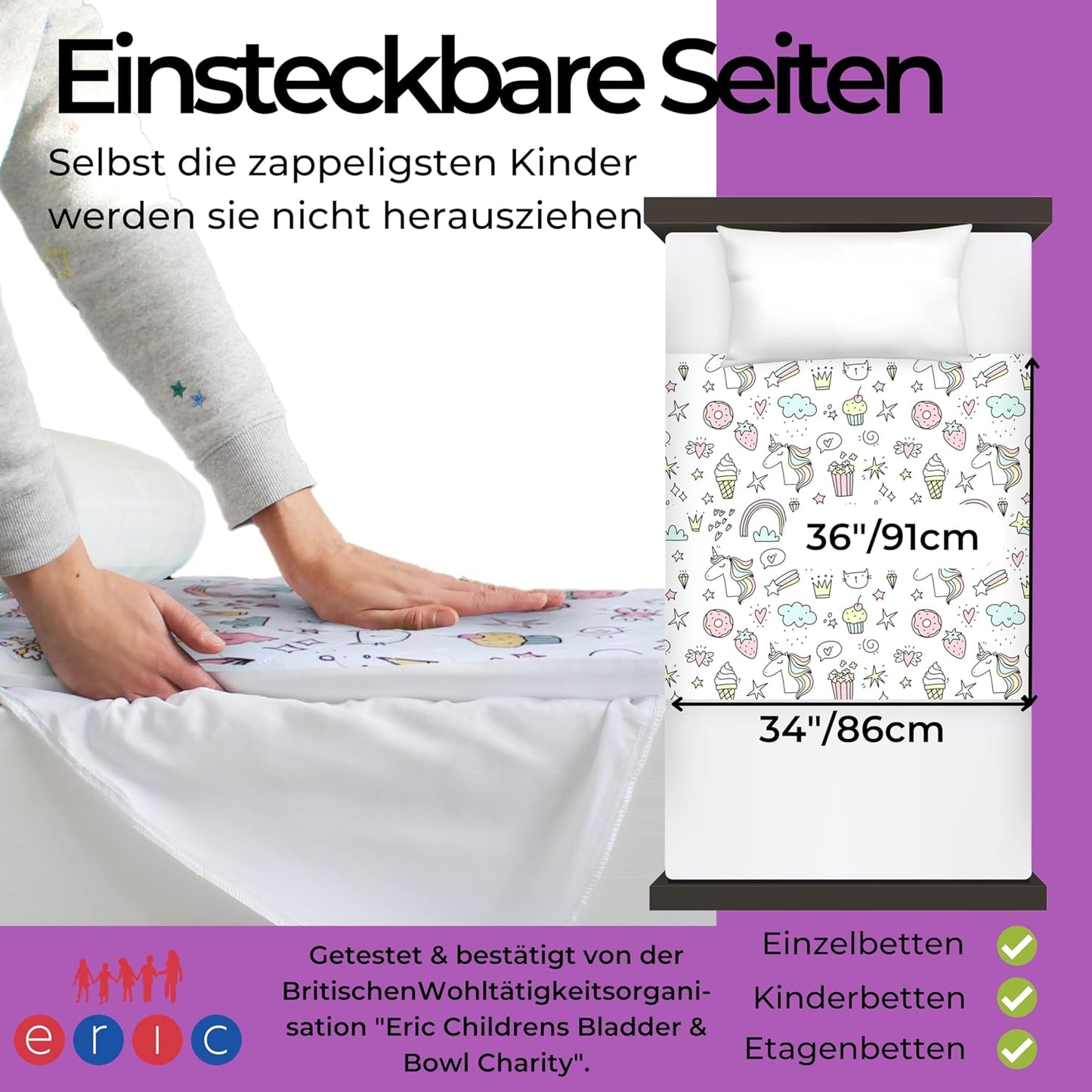 Wasserdichte Bettunterlage für Kinderbetten, Einhorn - Klein (Bis 90cm Breite) 1er-Pack