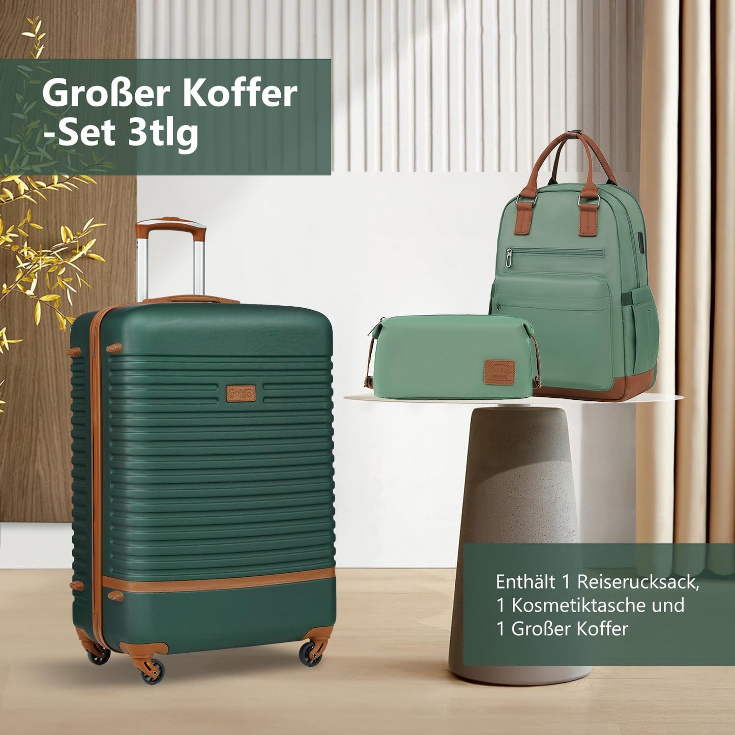 3-teiliges Hartschalenkoffer-Set mit Reiserucksack und Kulturbeutel, Grosser Koffer-Set 3tlg Dunkelgrün/Braun