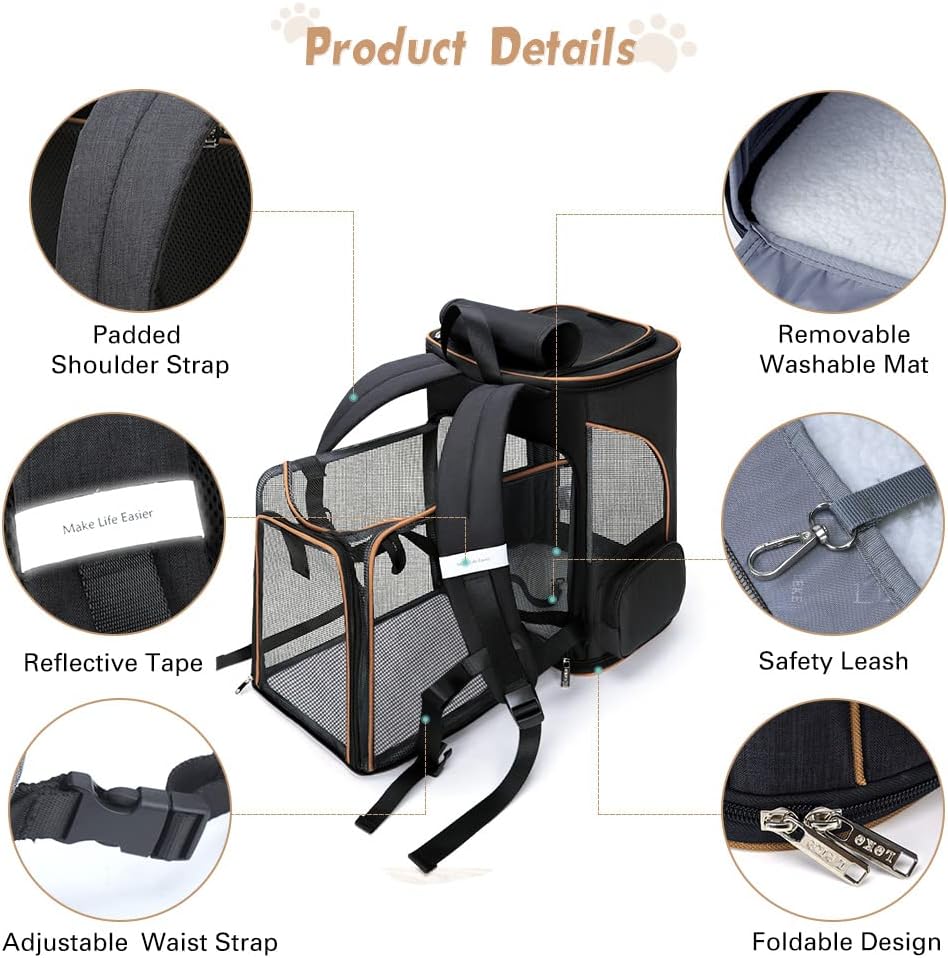 Erweiterbarer Haustier-Rucksack, Schwarz, L(33 x 29 x 38 cm)