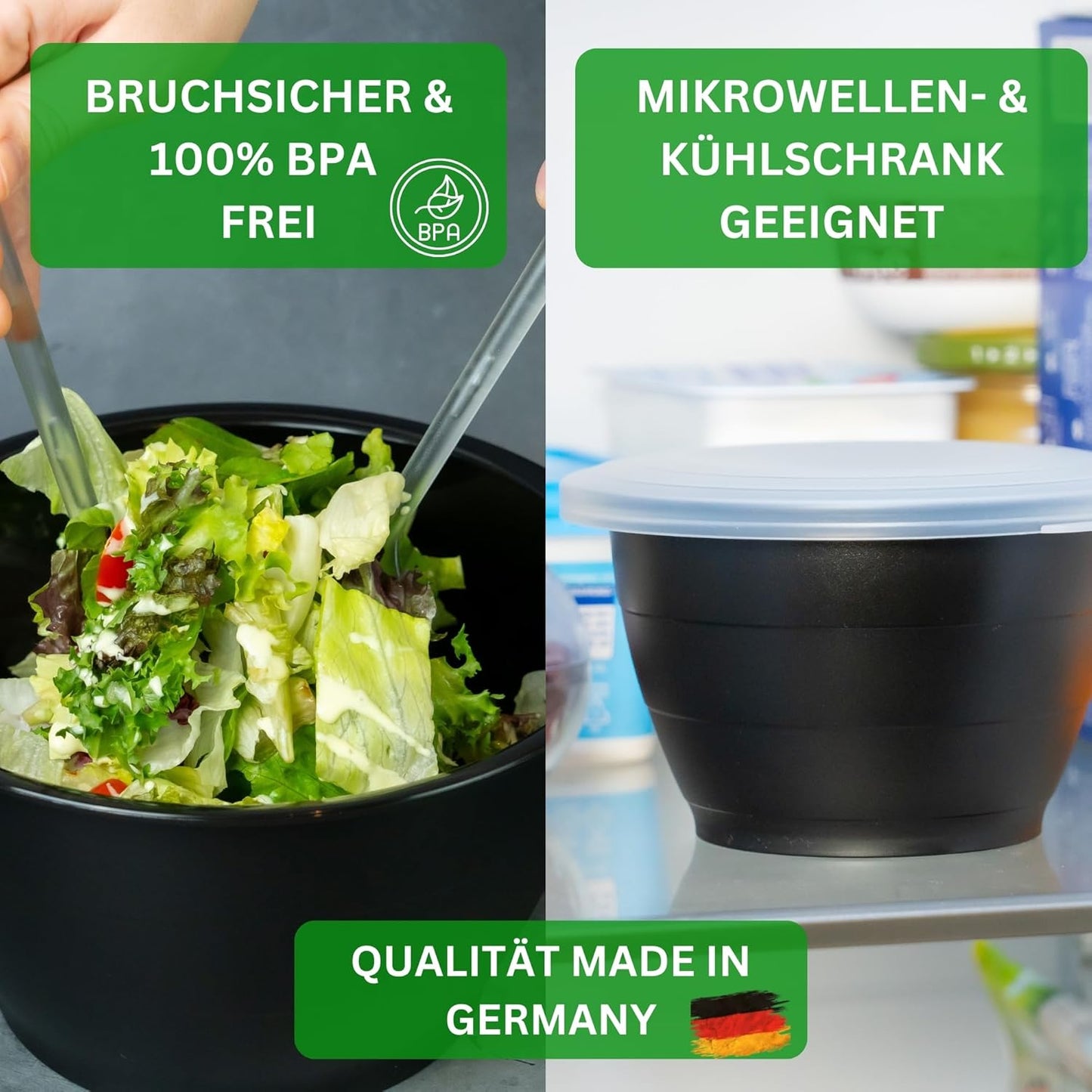 Salatschüssel-Set mit Deckeln (6-teilig), Salat- & Rührschüssel Schwarz 6-teilig mit Deckel