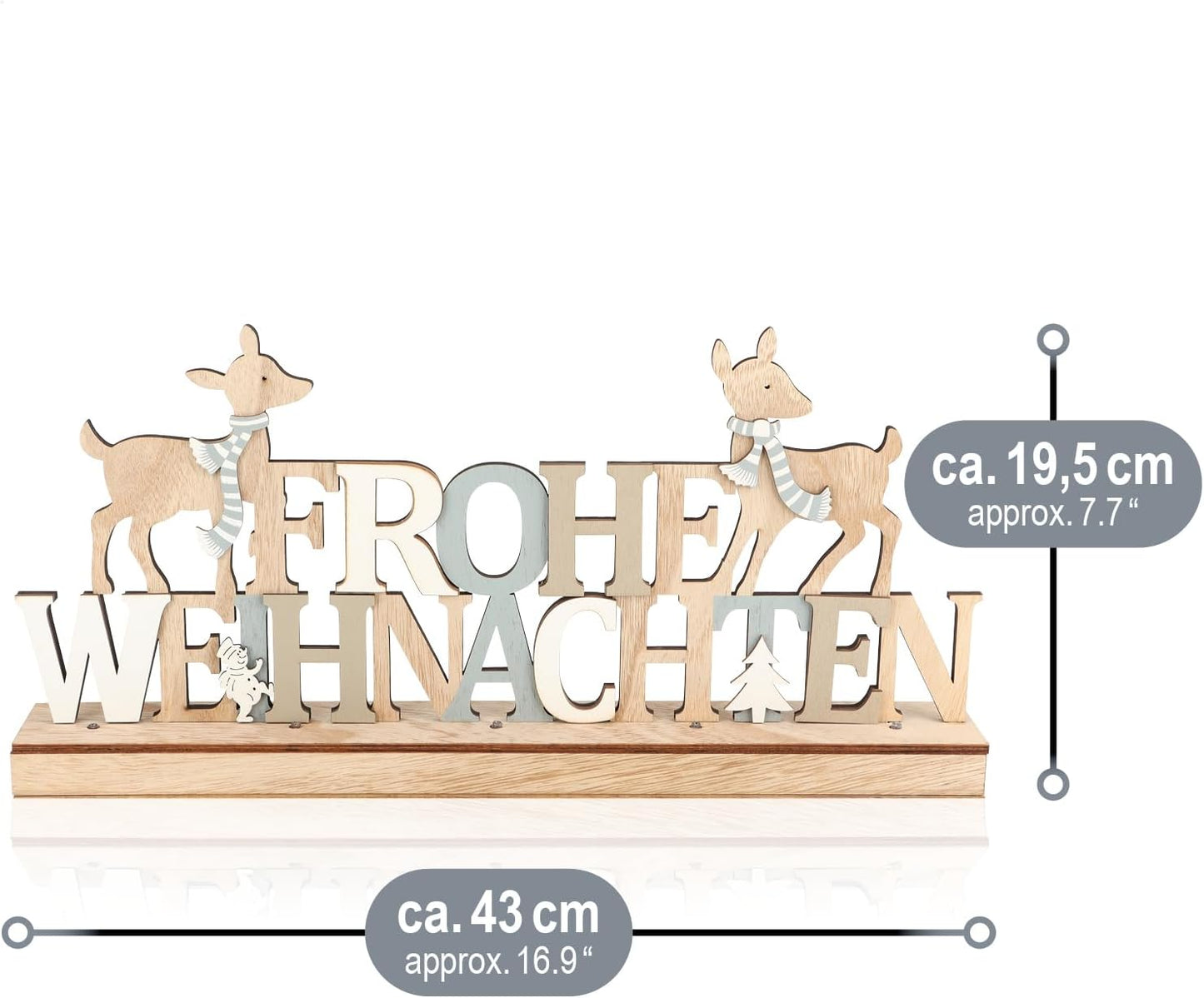 LED Holzaufsteller mit Timer - Frohe Weihnachten, Rentiere - grau