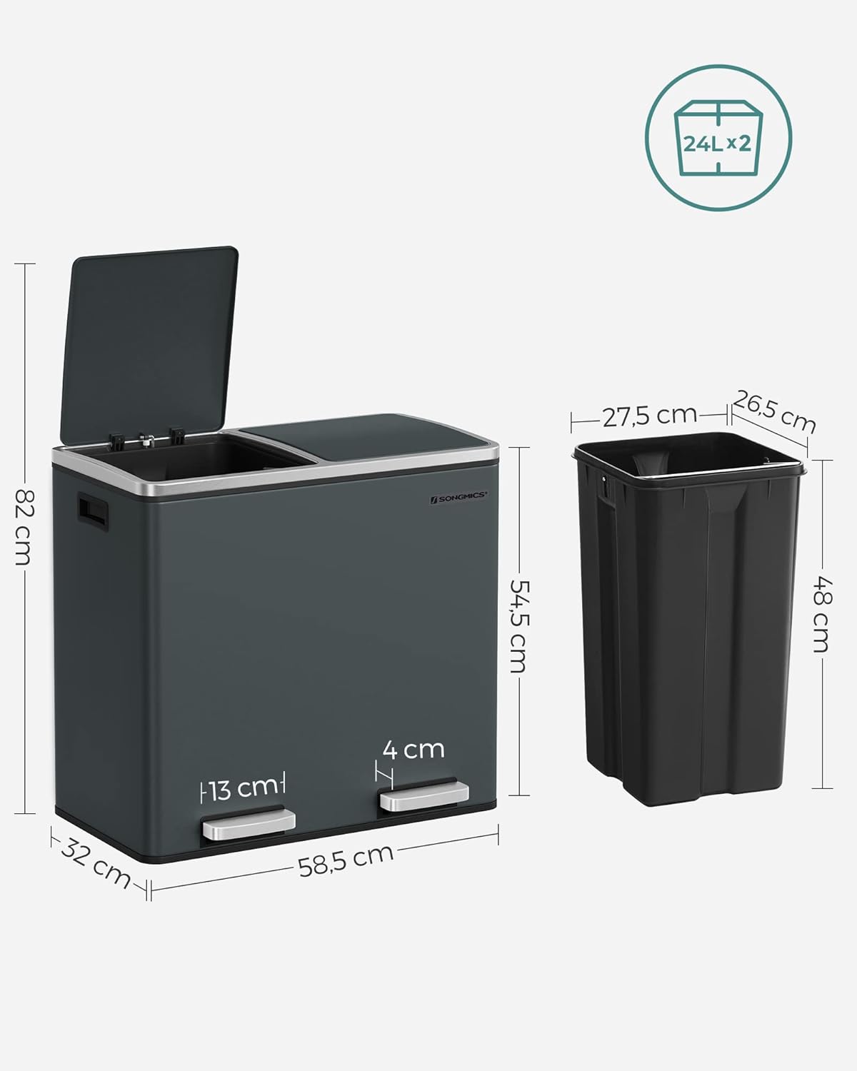 Mülltrennsystem, Rauchgrau, 2 x 24 L