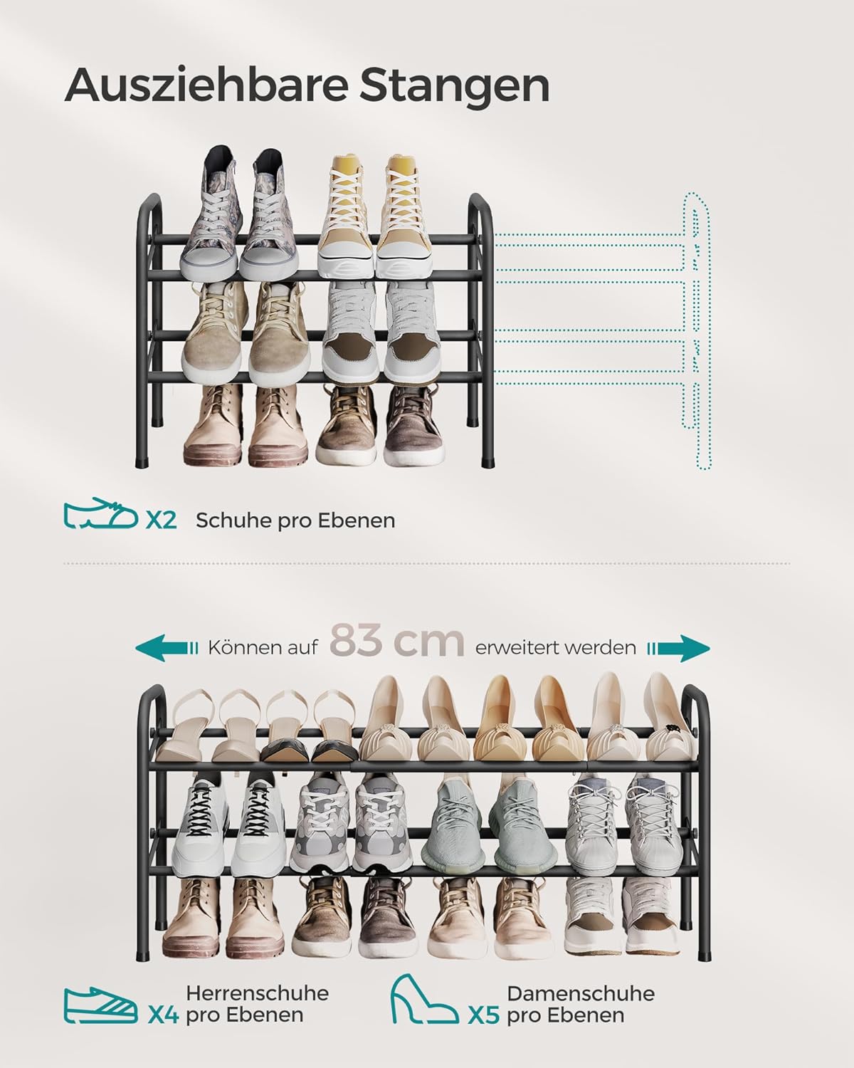 Schuhregal mit 2 Ebenen, 2 Tier (23 x 58 x 42 cm) Tintenschwarz