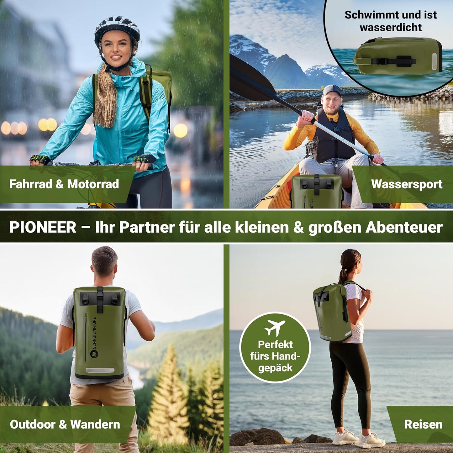 Wasserdichter Rucksack mit Rolltop-Verschluss und Handyhülle, Oliv-grün 35 Liter