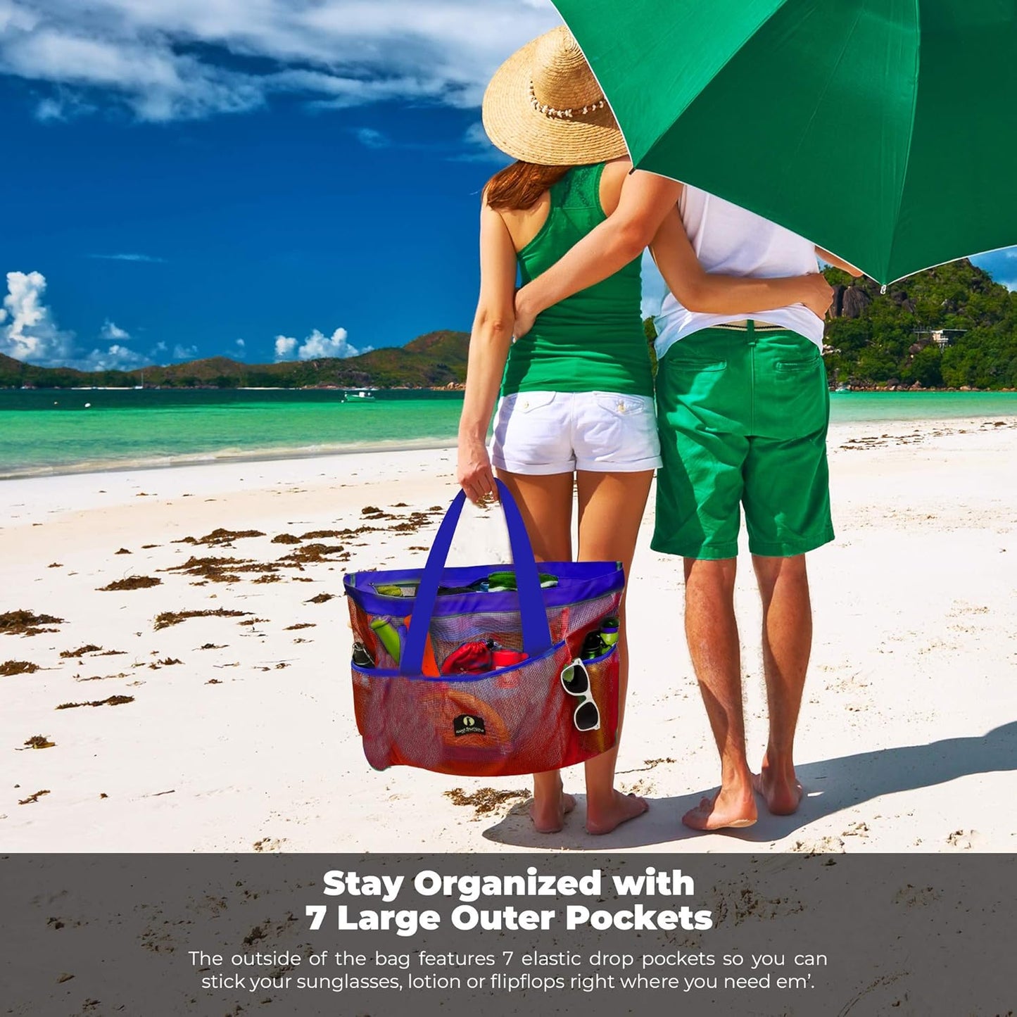Netz-Strandtasche, Rot/Blau