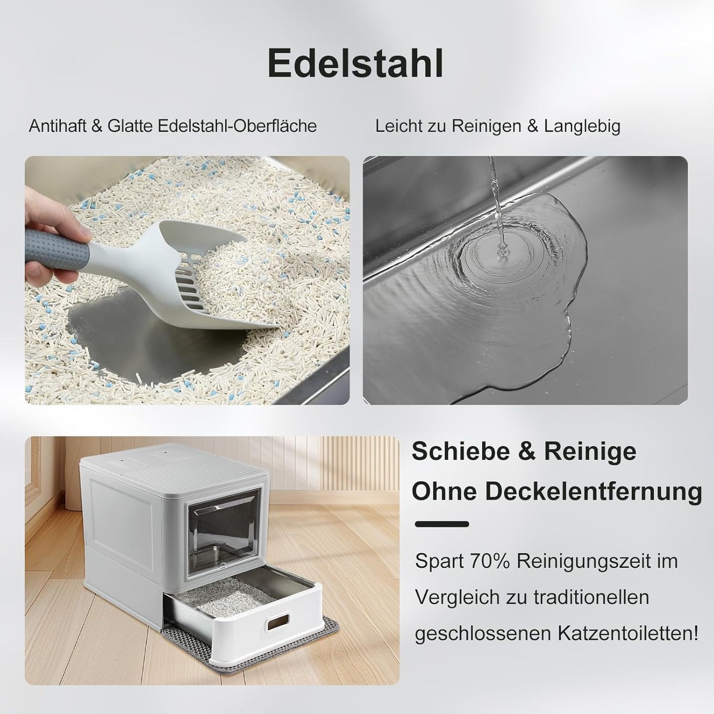 Geschlossene Edelstahl-Katzentoilette mit Schublade, Geschlossener Frontzugang