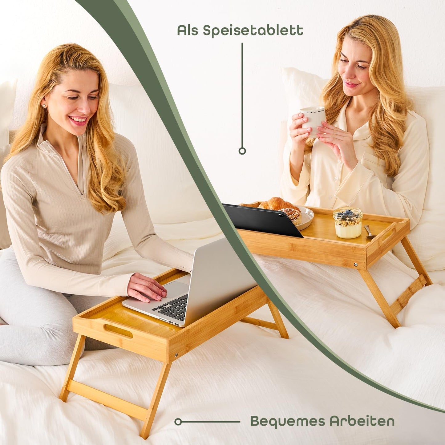 Klappbares Betttablett mit Tablet-Halterung, Natur