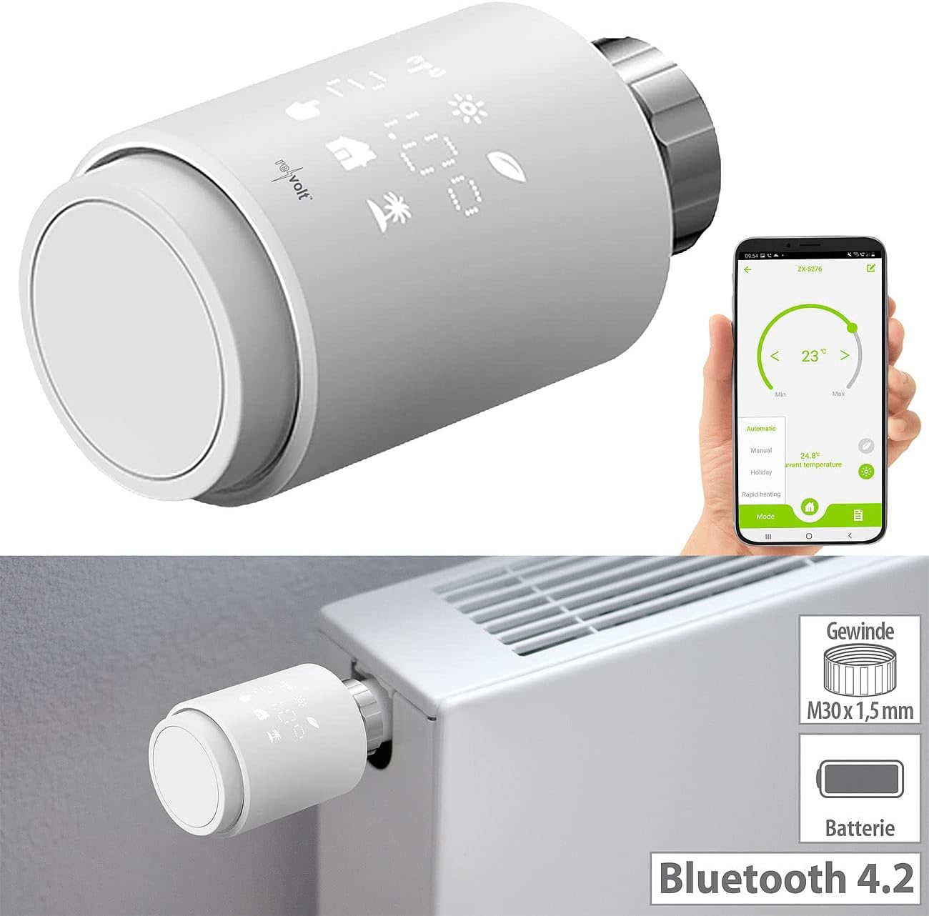 Programmbierbares Heizkörper-Thermostat, Bluetooth & App ; rund, 1er- Set