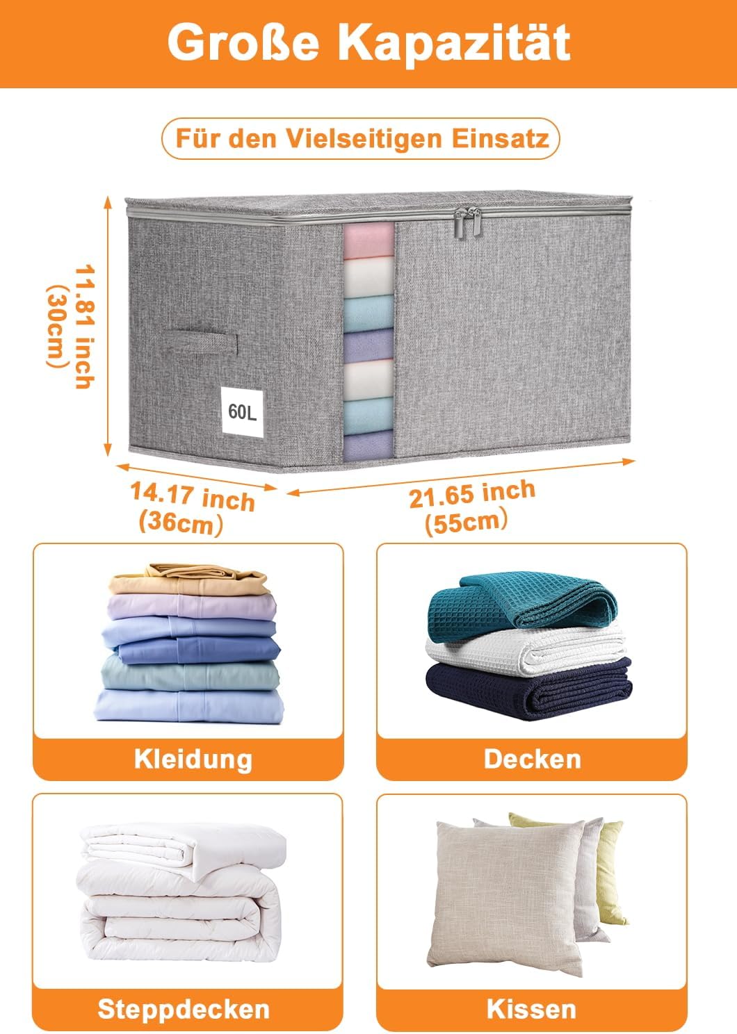 Kleidungs-Aufbewahrungsboxen-Set, 1-grau mit Reißverschluss