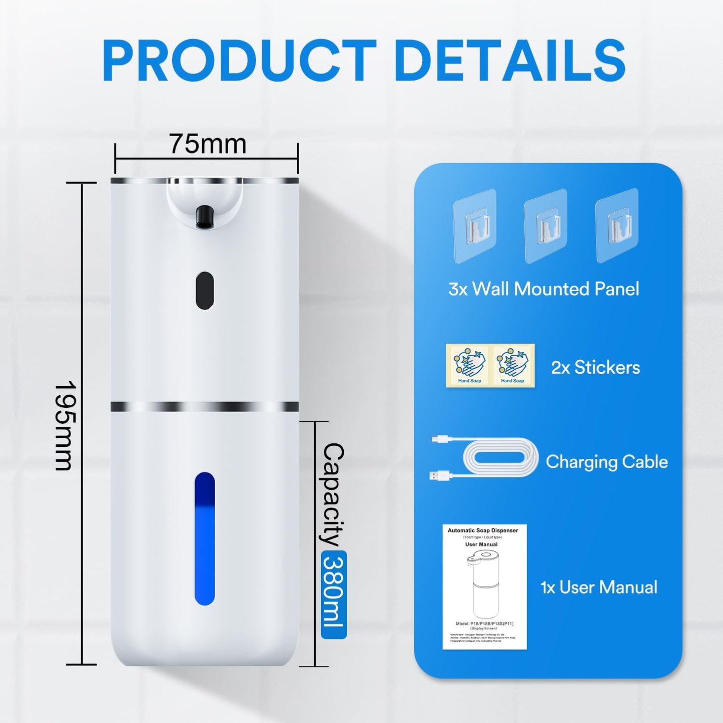 Automatischer Seifenspender mit digitaler Anzeige, 380ml, Weiss Flüssigetyp