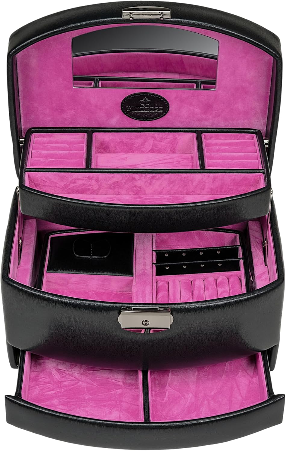 Automatik-Schmuckkoffer mit Reiseeinsatz, Schwarz-pink