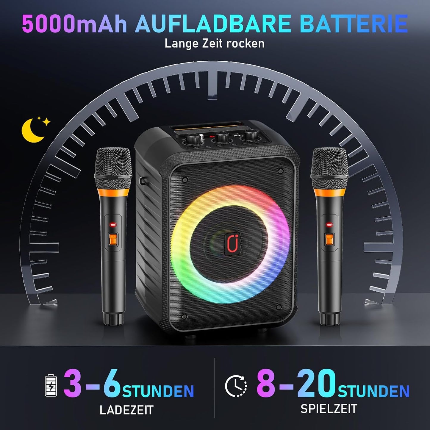 Tragbare Karaoke Maschine D13T mit 2 Mikrofonen, Schwarz D13T