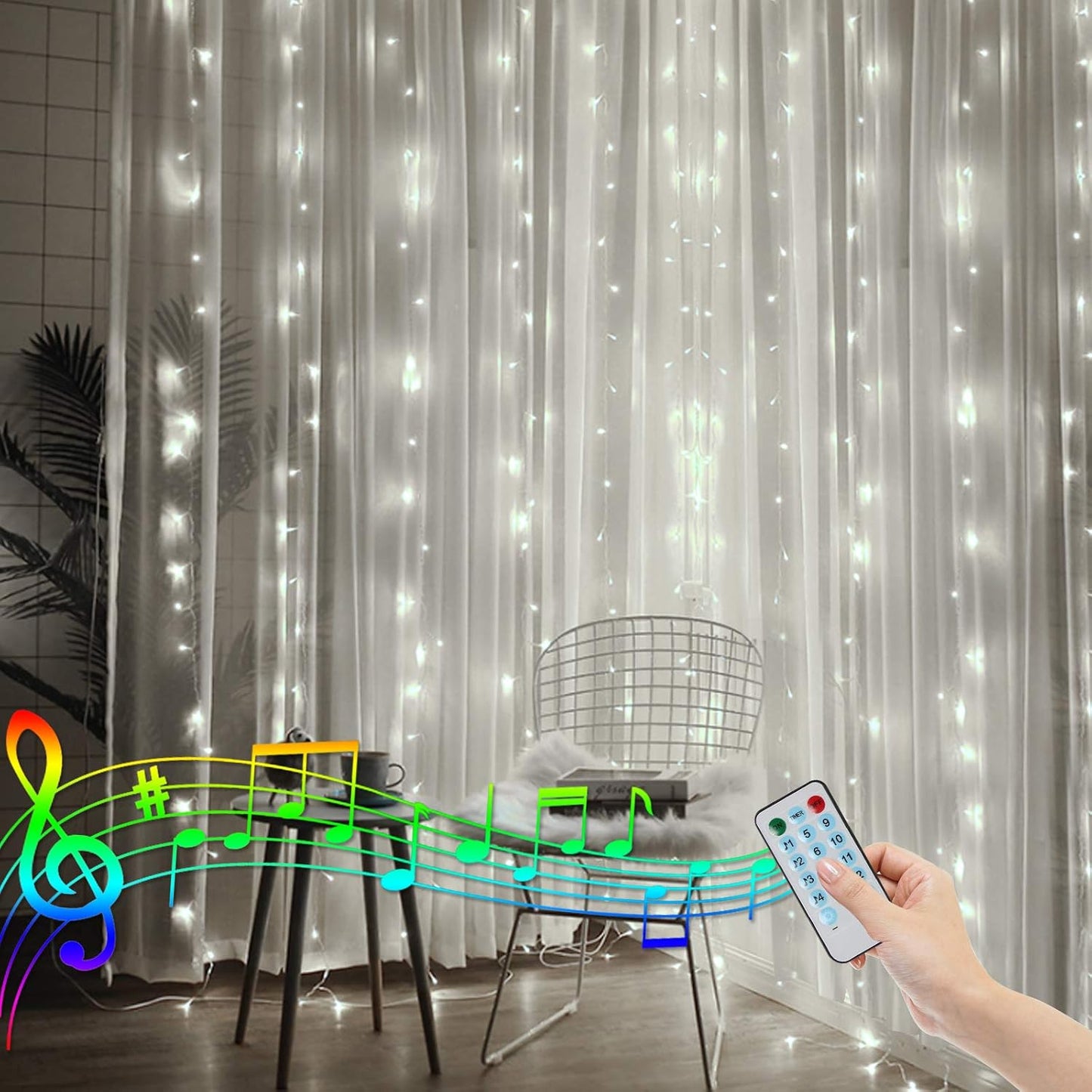 Lichtervorhang mit Fernbedienung, Timer und Musik-Sync, 2x2m, Weiss