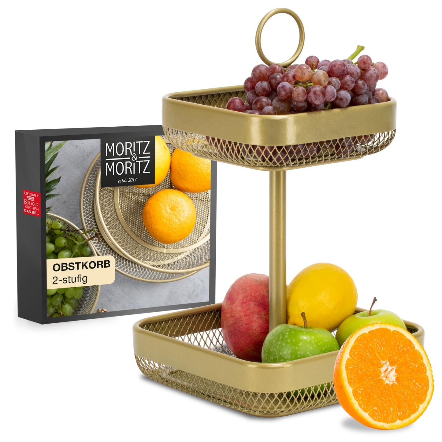 Moderne Obst-Etagere, Gold Eckig