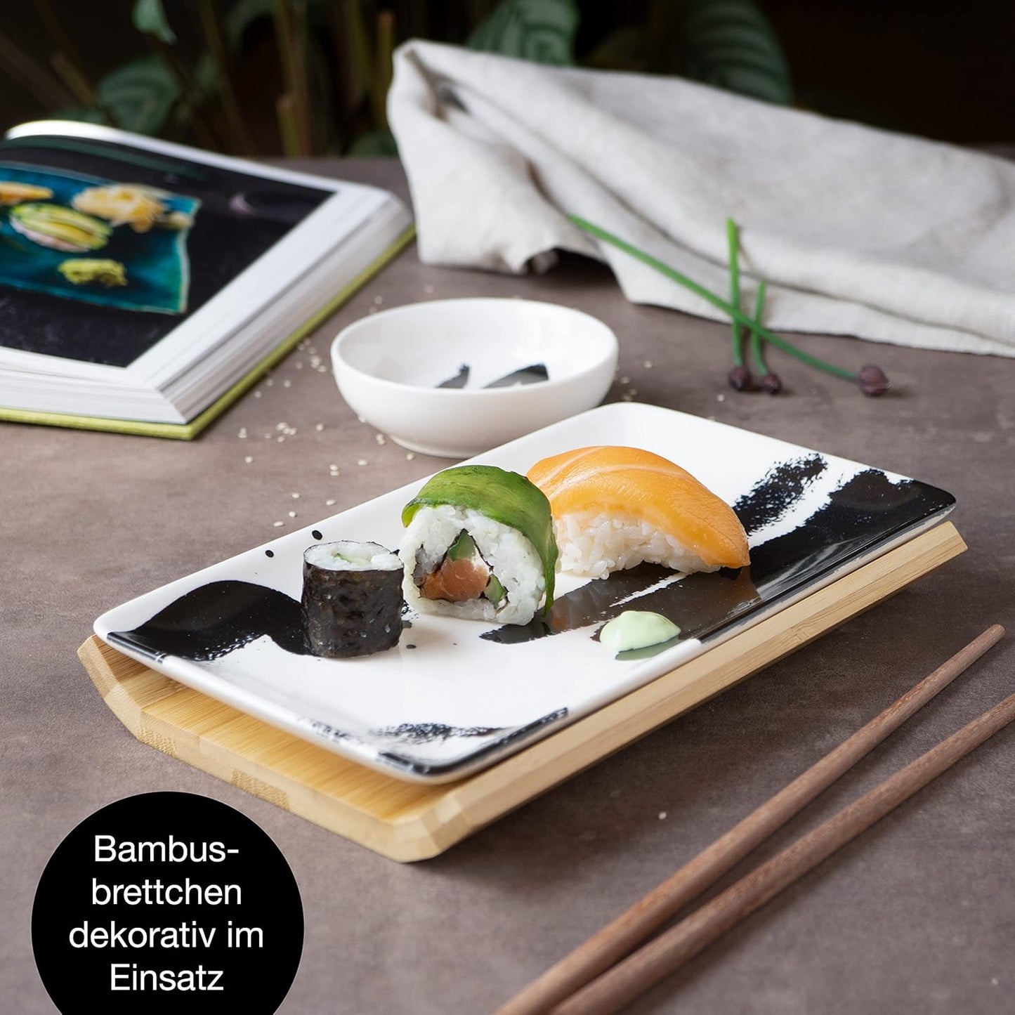 8-tlg. Sushi-Geschirr-Set, Pinselstriche Schwarz