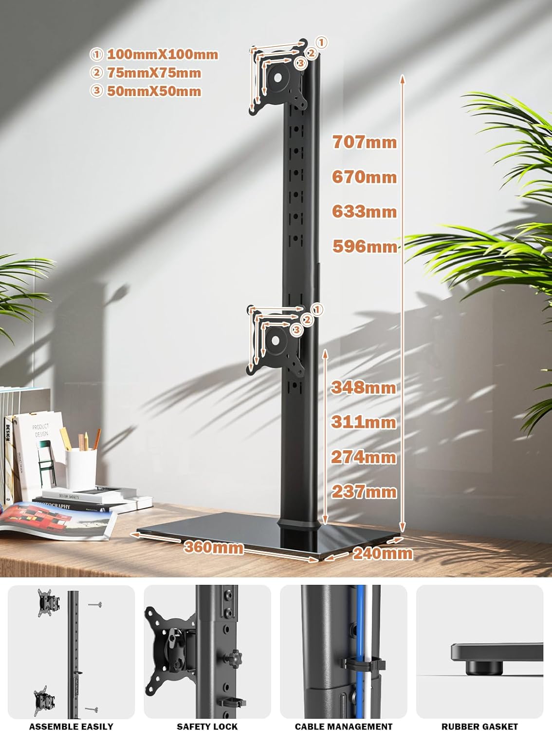 Vertikaler Dual Monitor Ständer für 13-34 Zoll Bildschirme, Schwarz