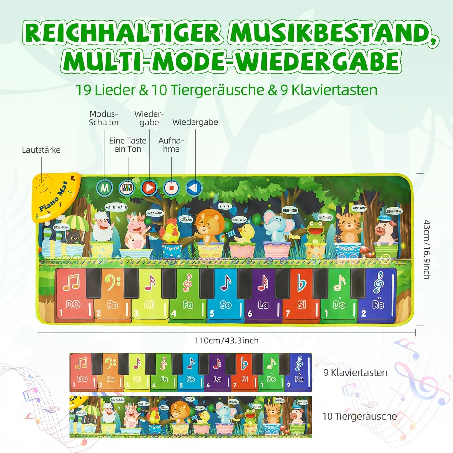 Musikmatte für Kinder mit 19 Liedern und 10 Tiergeräuschen