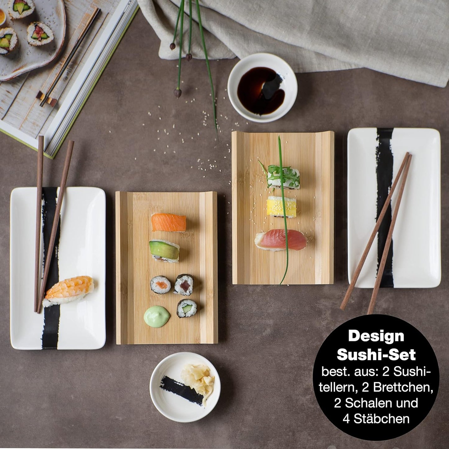 Sushi Geschirr Set, Pinselstrich Schwarz
