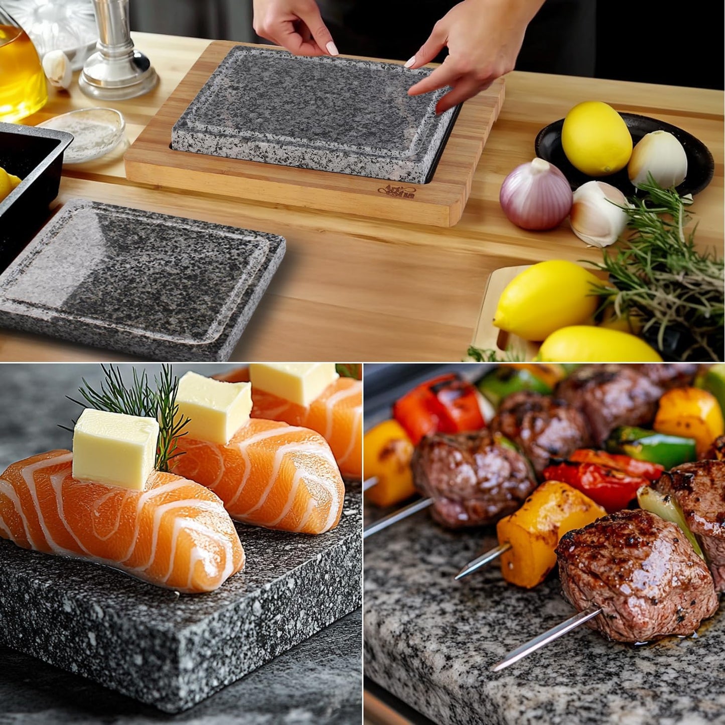 3-teiliges Hot Stone-Set, 2 Granitsteine + 1 Bambus-tablett