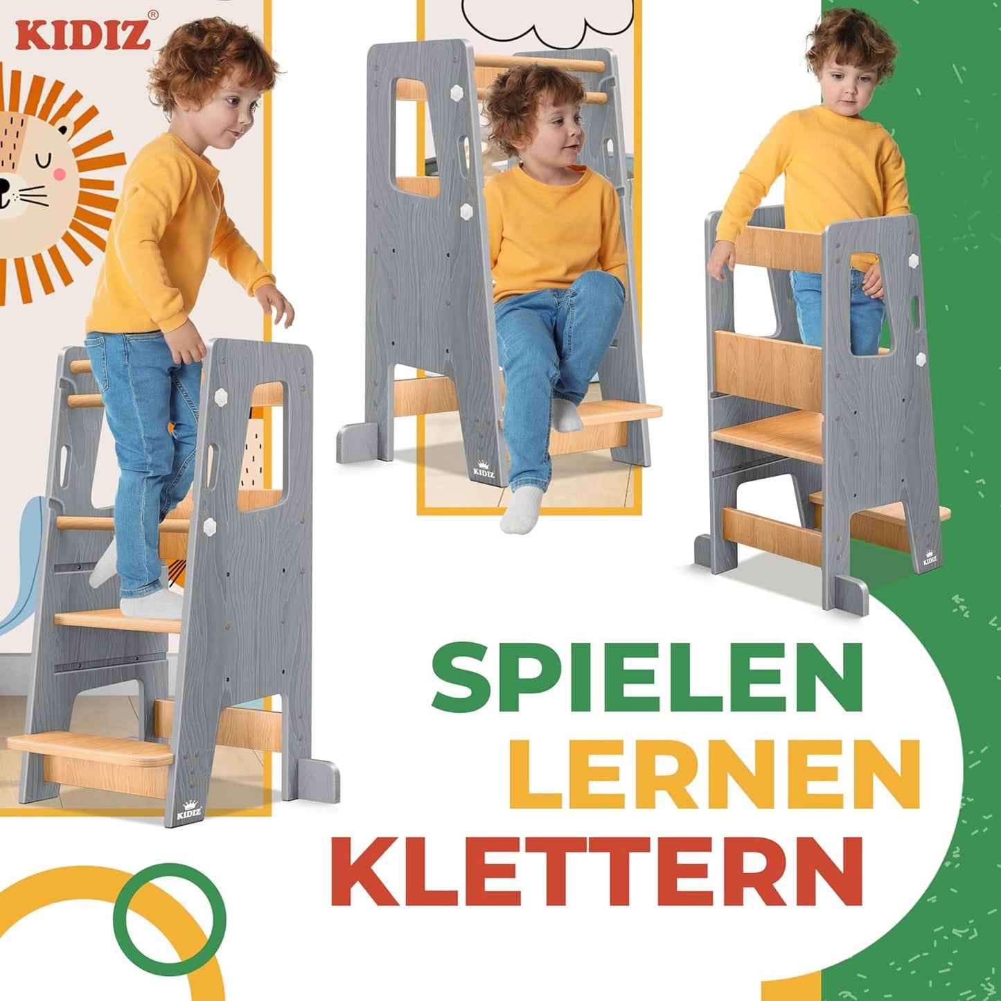 Lernturm für Kinder ab 1 Jahr, höhenverstellbar, Grau & Kiefer