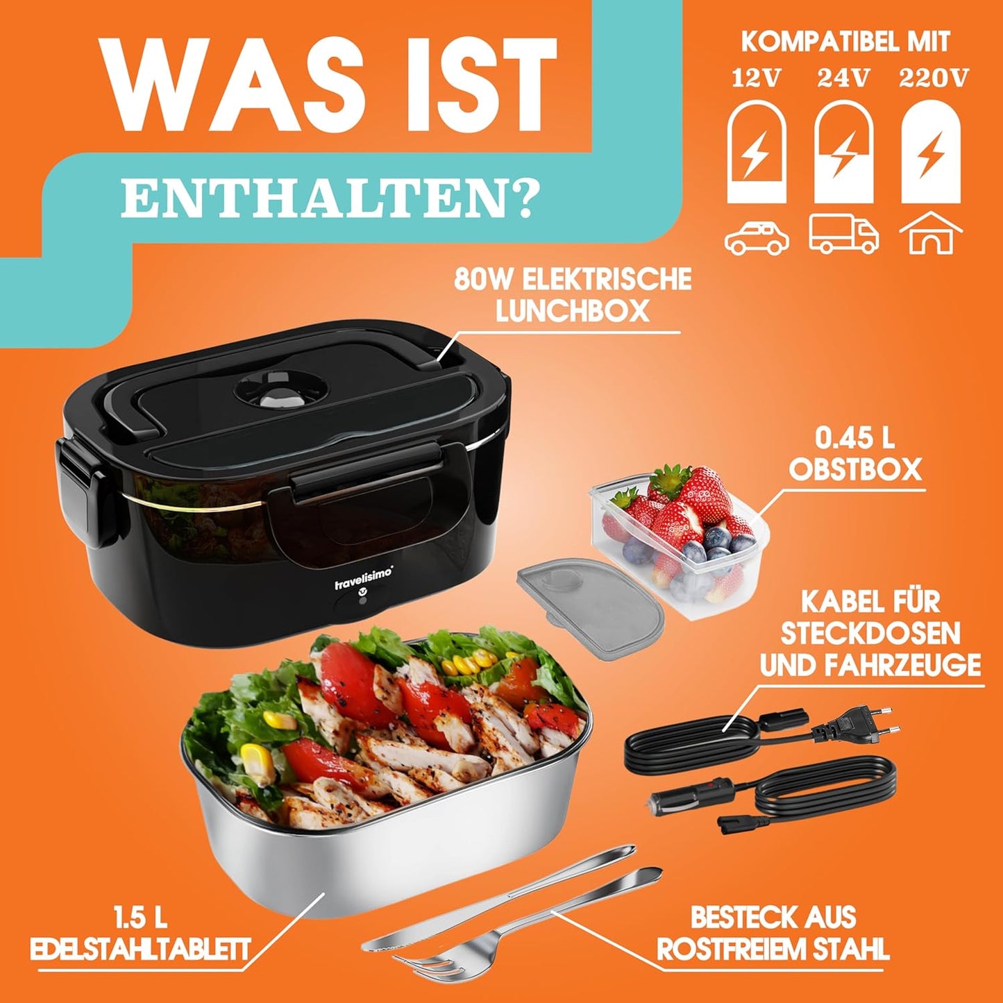 Elektrische 3-in-1 Lunchbox ‎Bari für Auto und Arbeit, Schwarz