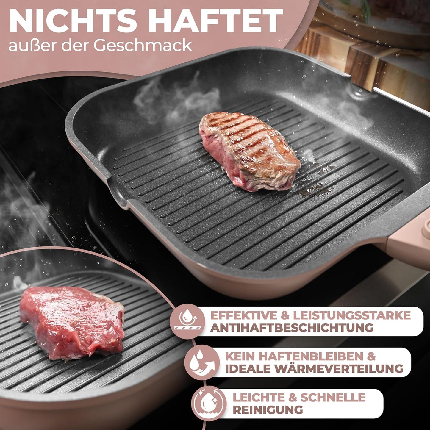 Grillpfanne mit abnehmbarem Griff, Rosa