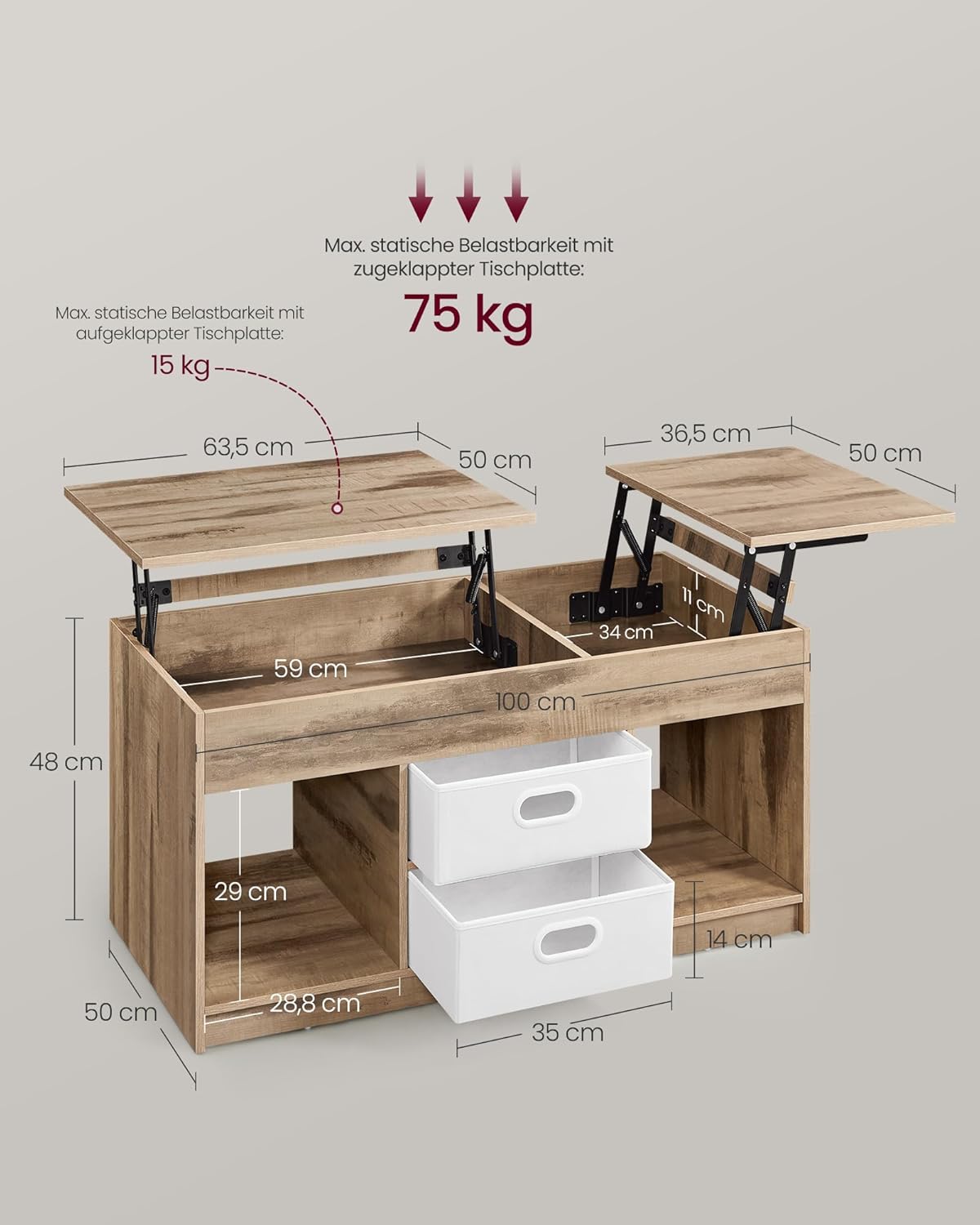 Höhenverstellbarer Couchtisch mit Schubladen, Kamelbraun + Wolkenweiß