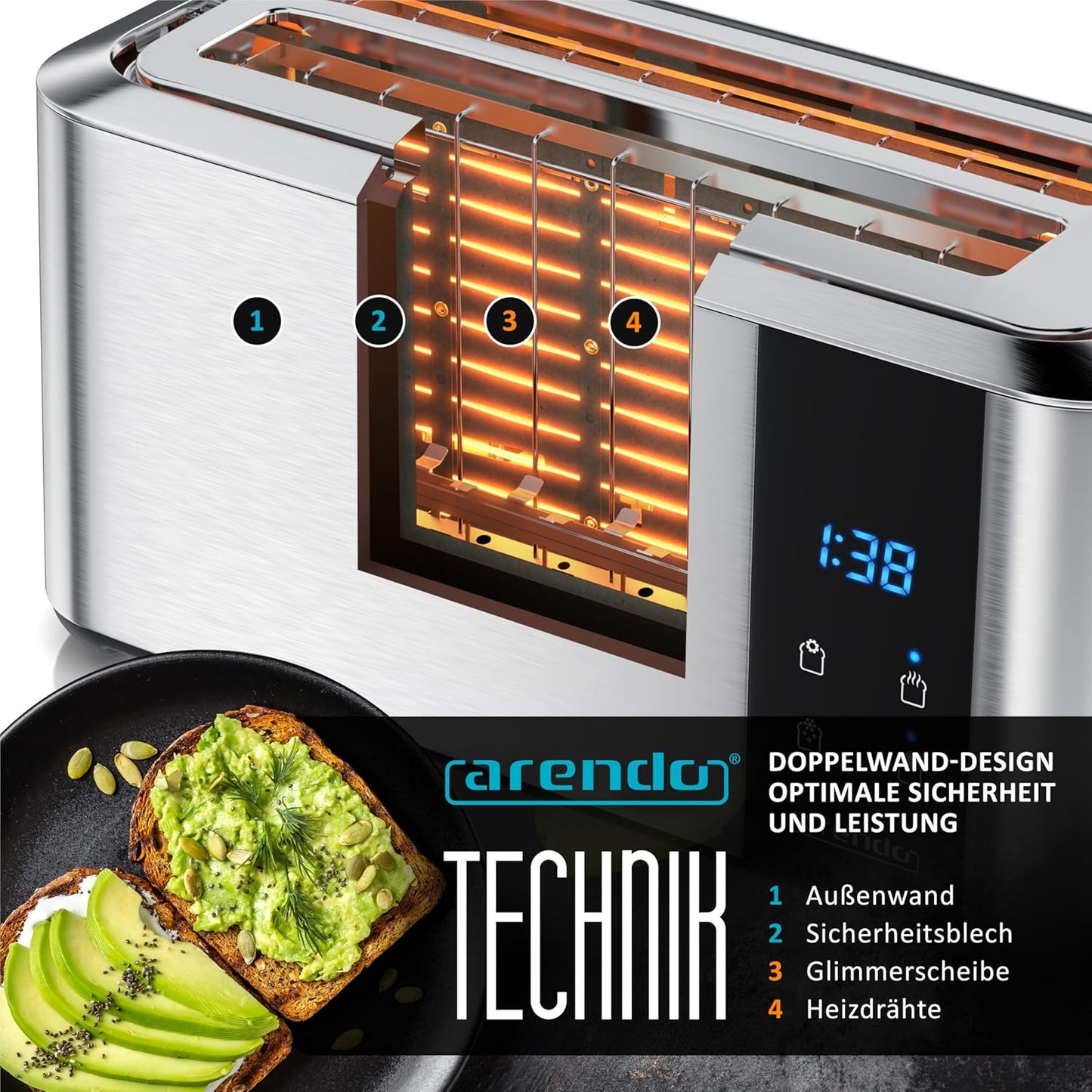 Langschlitz-Toaster Aurora mit Touchscreen und Brötchenaufsatz, A: Silber