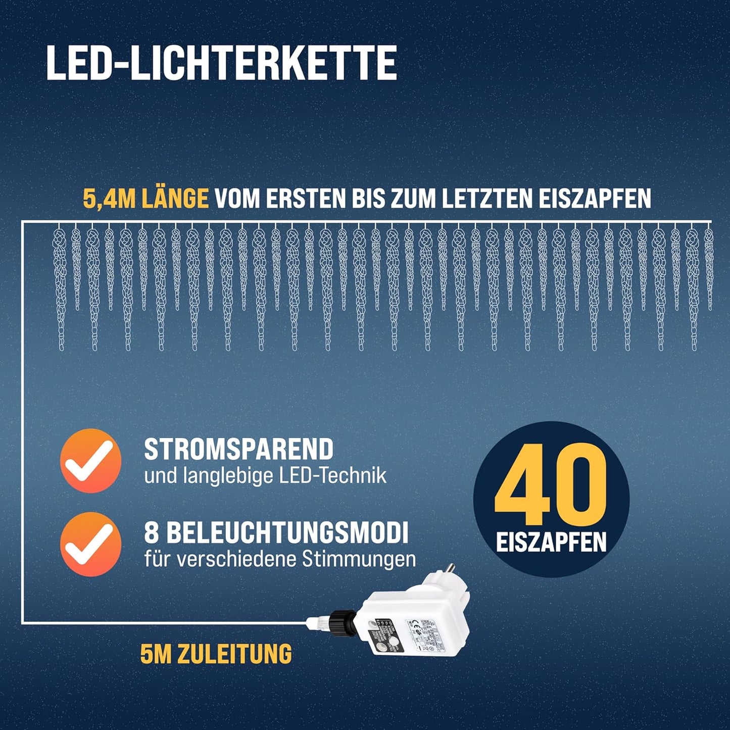 LED Eiszapfen-Lichterkette mit Fernbedienung, Blau 40 Zapfen