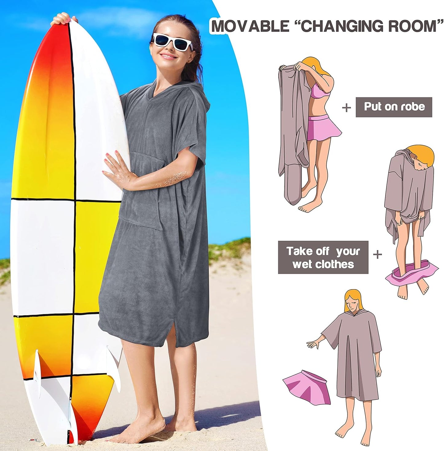 Surf- und Badeponcho mit Kapuze, Grau