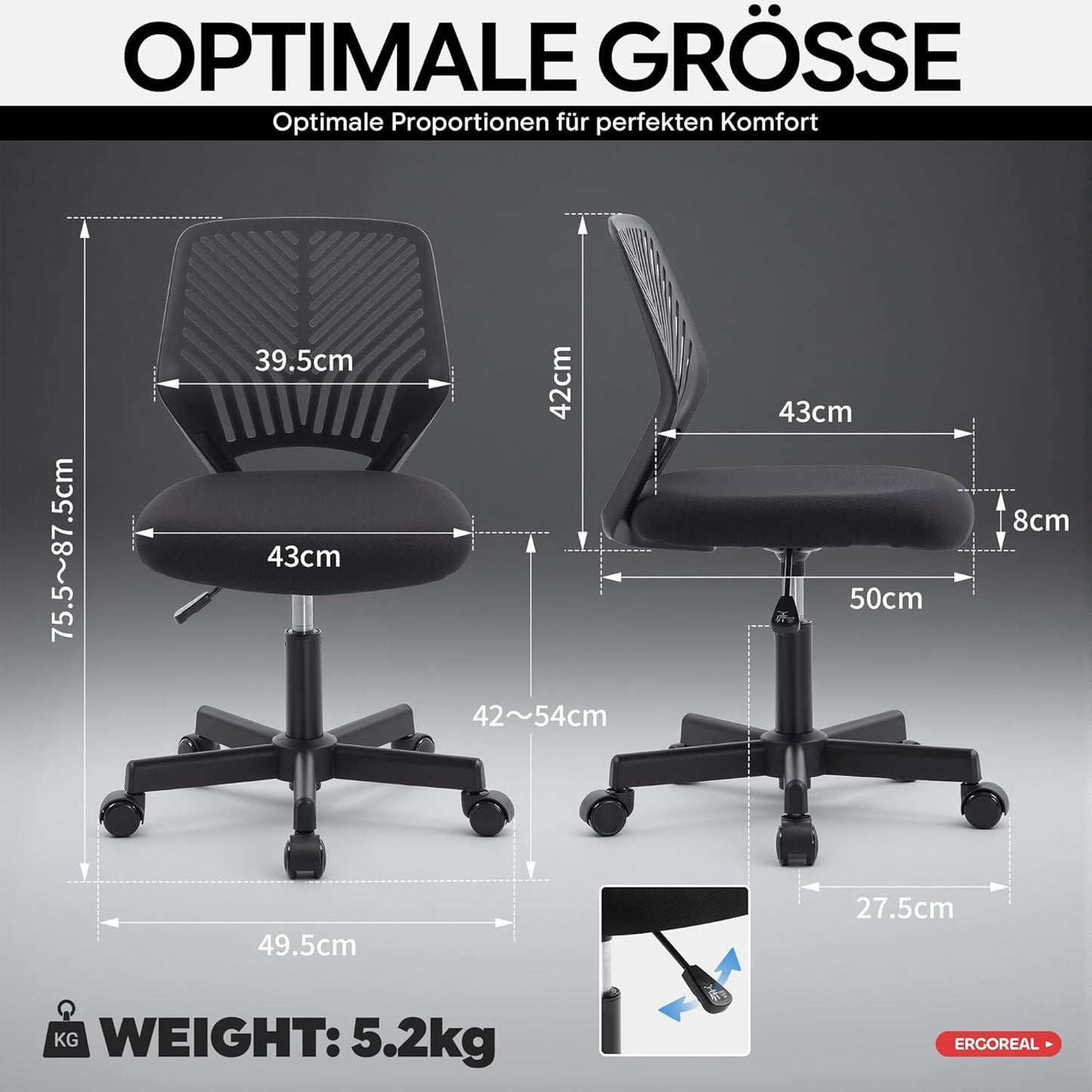 Ergonomischer Bürostuhl ohne Armlehne, Tiefe Schwarz