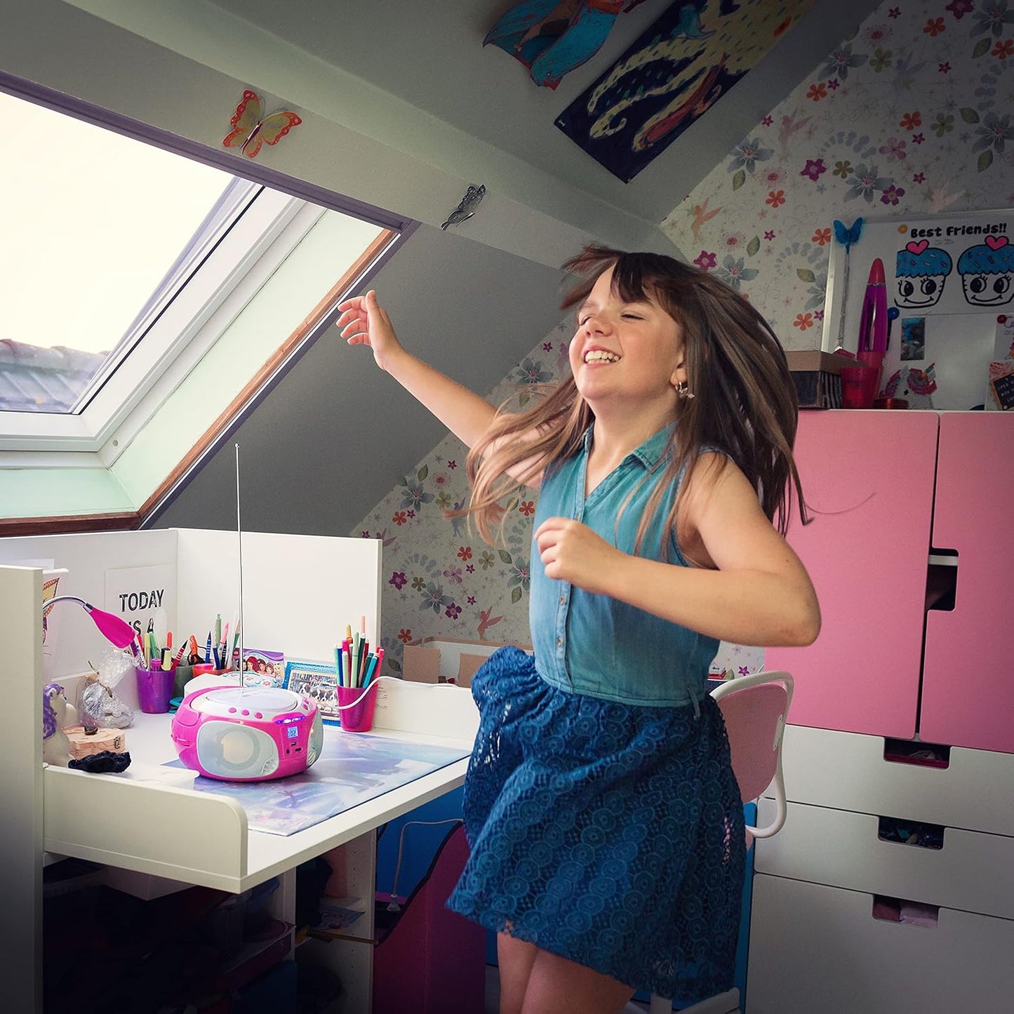 Tragbare Kinder-Boombox mit Karaoke-Funktion, mit Karaoke pink SCD-650 mit Mikrofon