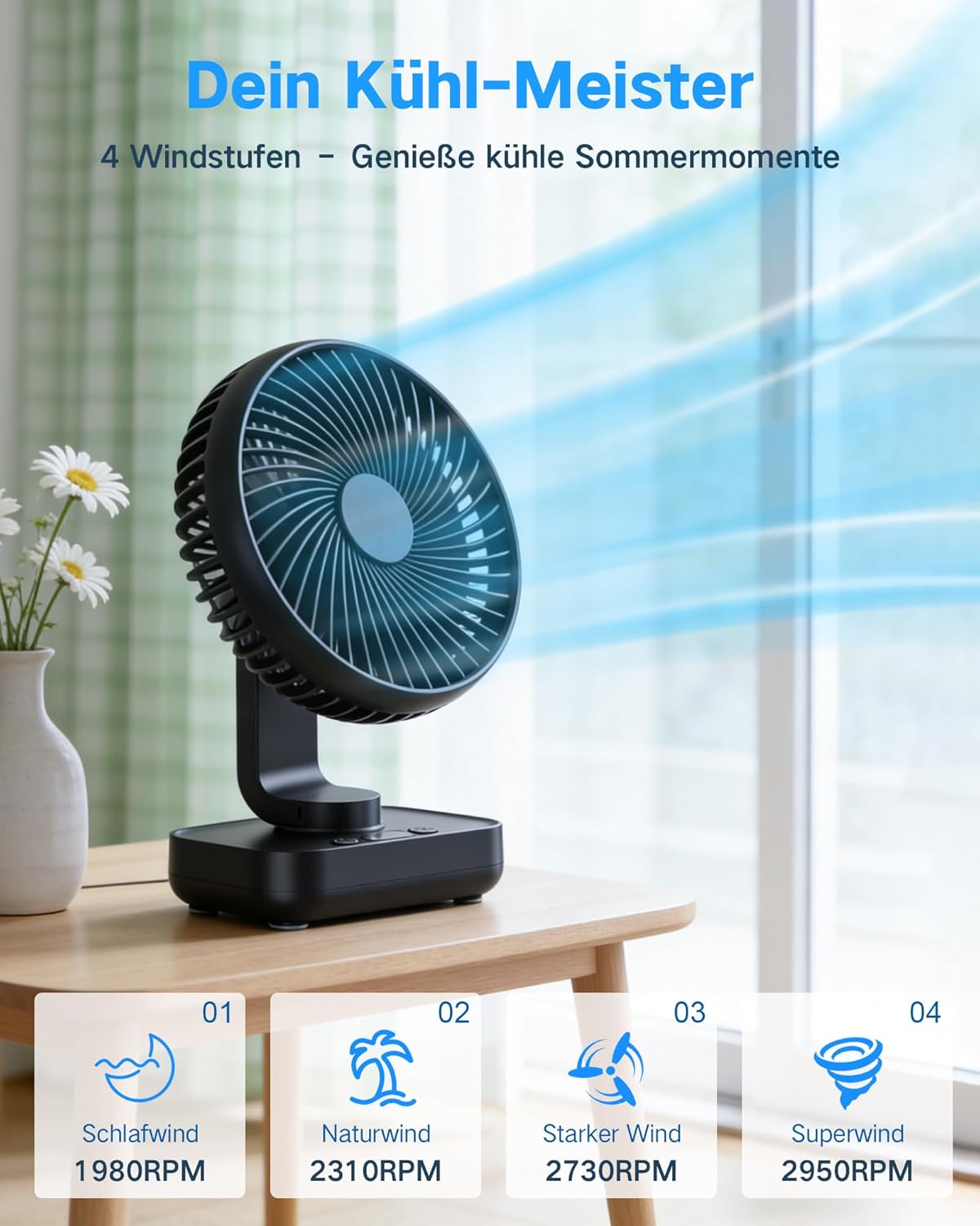 Oszillierender Tischventilator, Matt-schwarz
