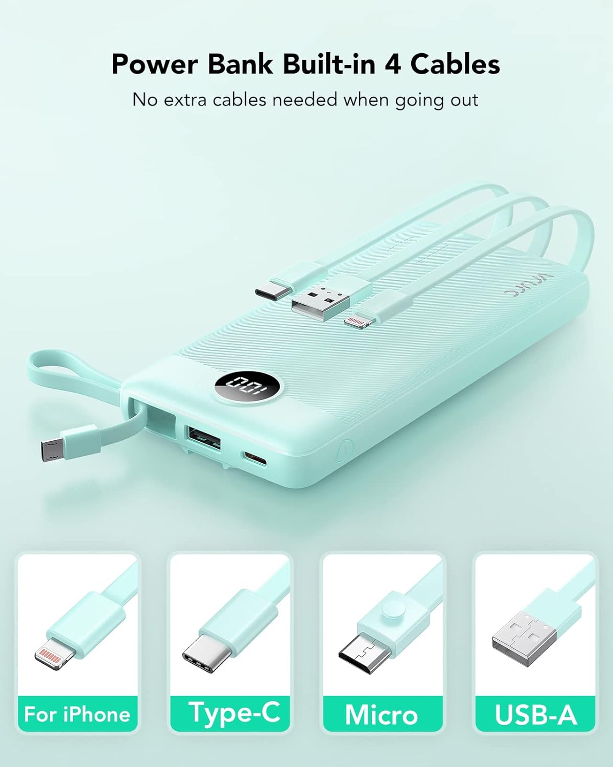 T1116 Powerbank mit 3 integrierten Kabeln, Grün