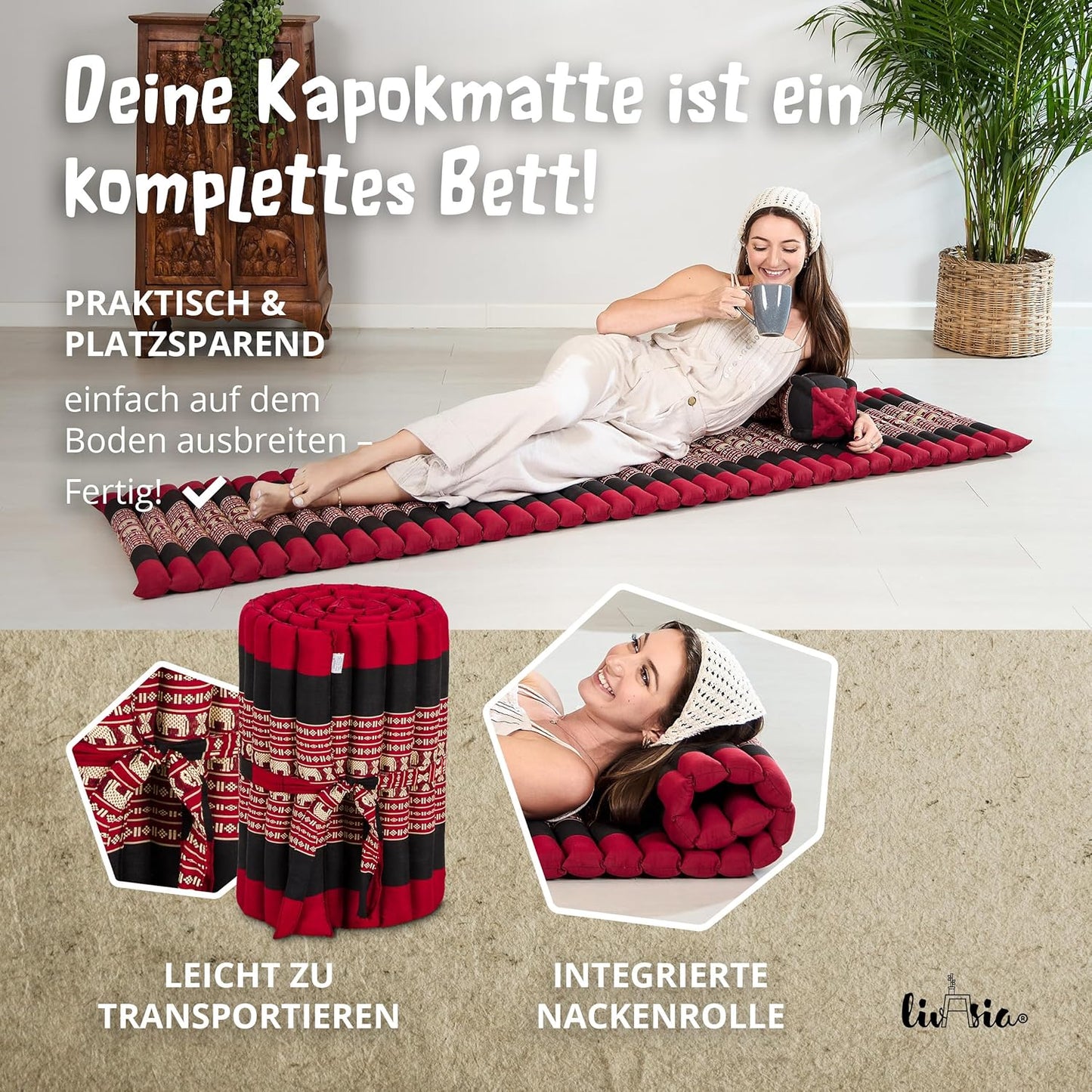 Rollmatratze 200x50cm für Gäste & Reisen, S (200 x 50 cm) Rot/Elefanten