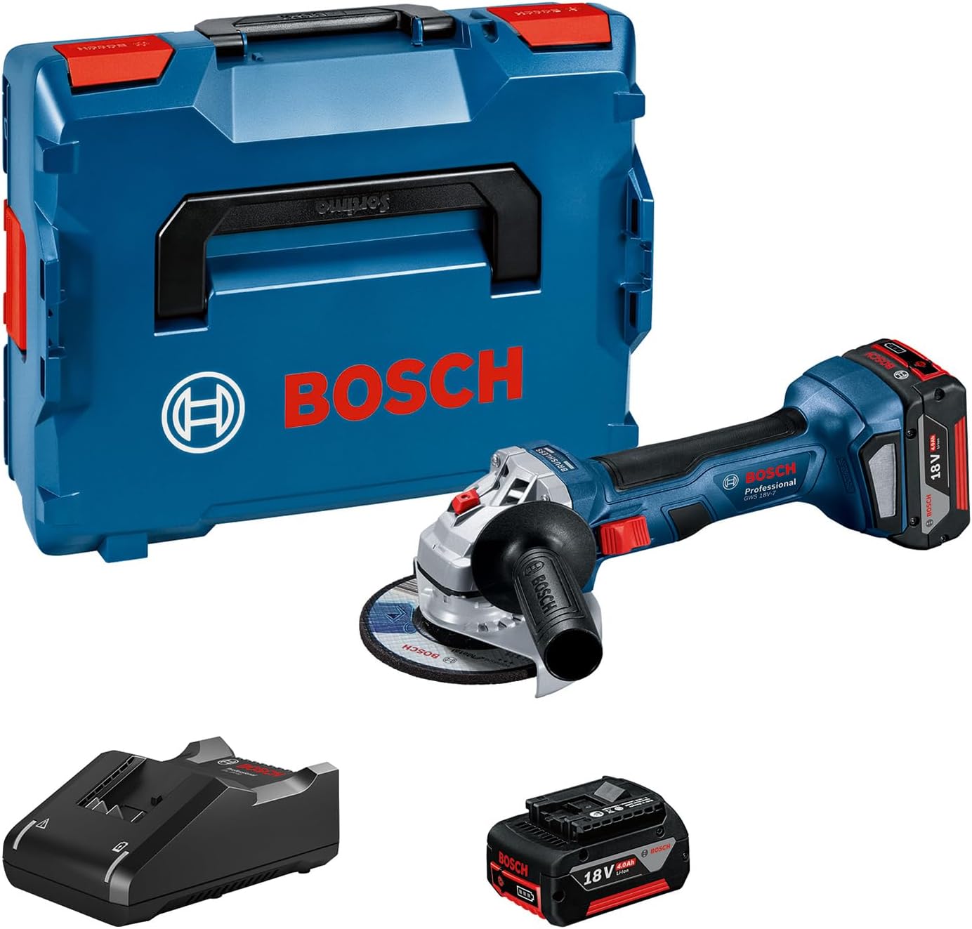 Akku Winkelschleifer GWS 18V-7, mit 2x 4.0 A Akkus + Ladegerät, in L-BOXX, in L-BOXX